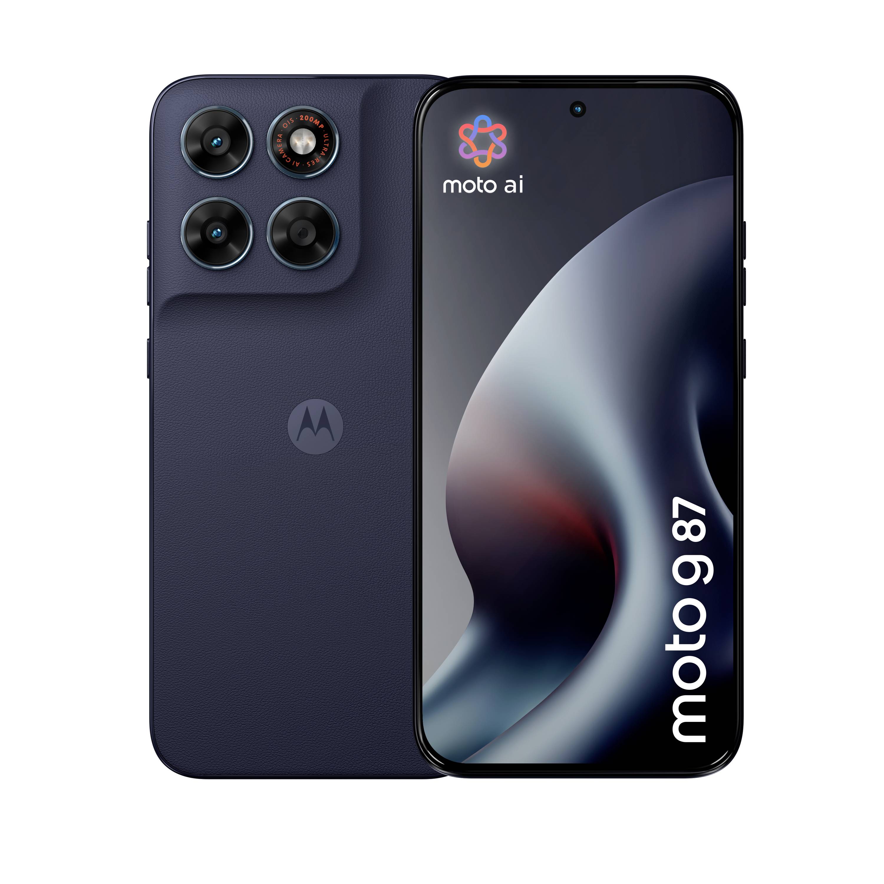 Motorola-Smartphone von vorne und hinten gezeigt, mit „moto ai" auf dem Bildschirm und Text „moto 98"; die Rückseite zeigt ein Quad-Kamera-Modul.