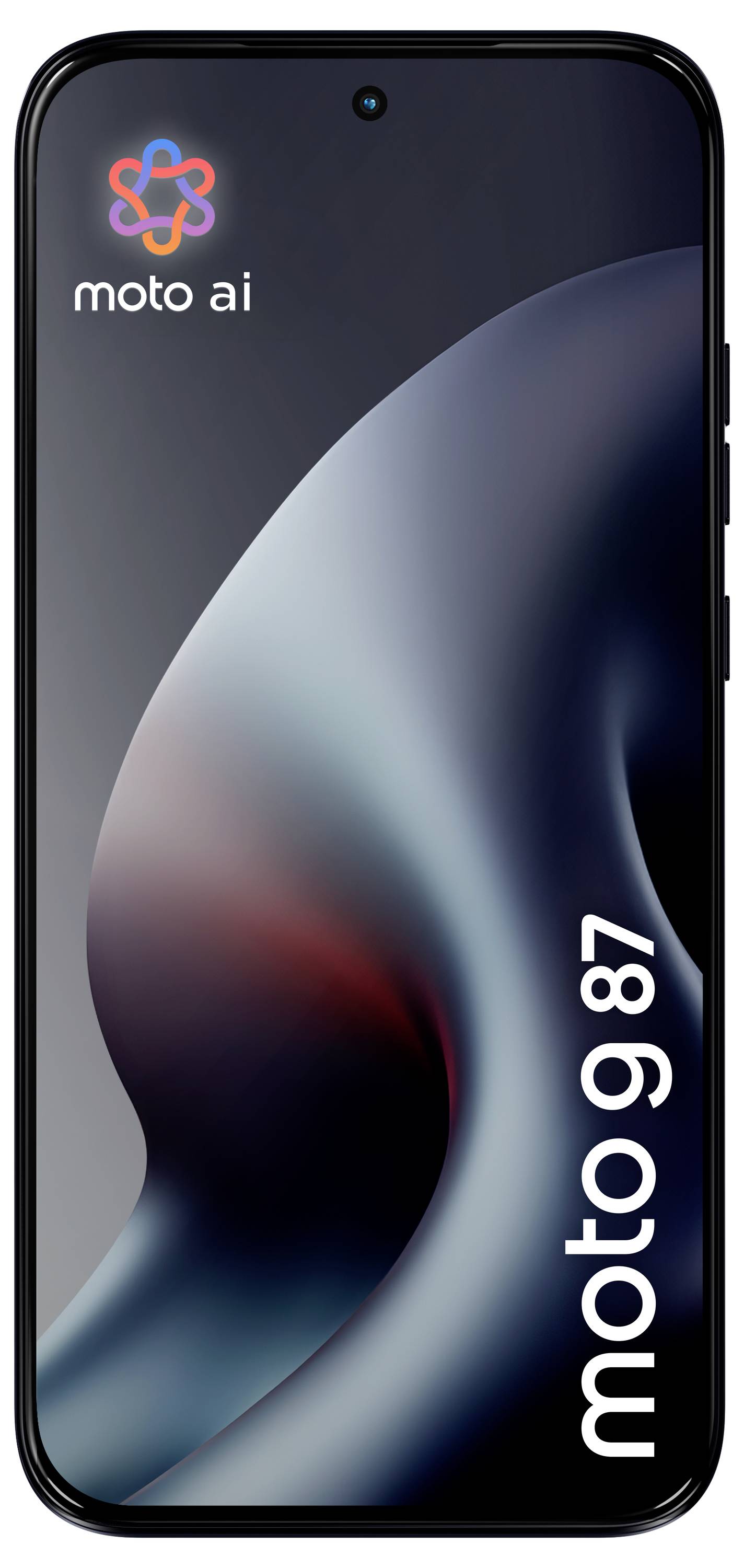 Motorola Moto G87 Smartphone Vorderansicht mit dunkelm abstraktem Hintergrundbild und „moto ai"-Branding auf dem Bildschirm.