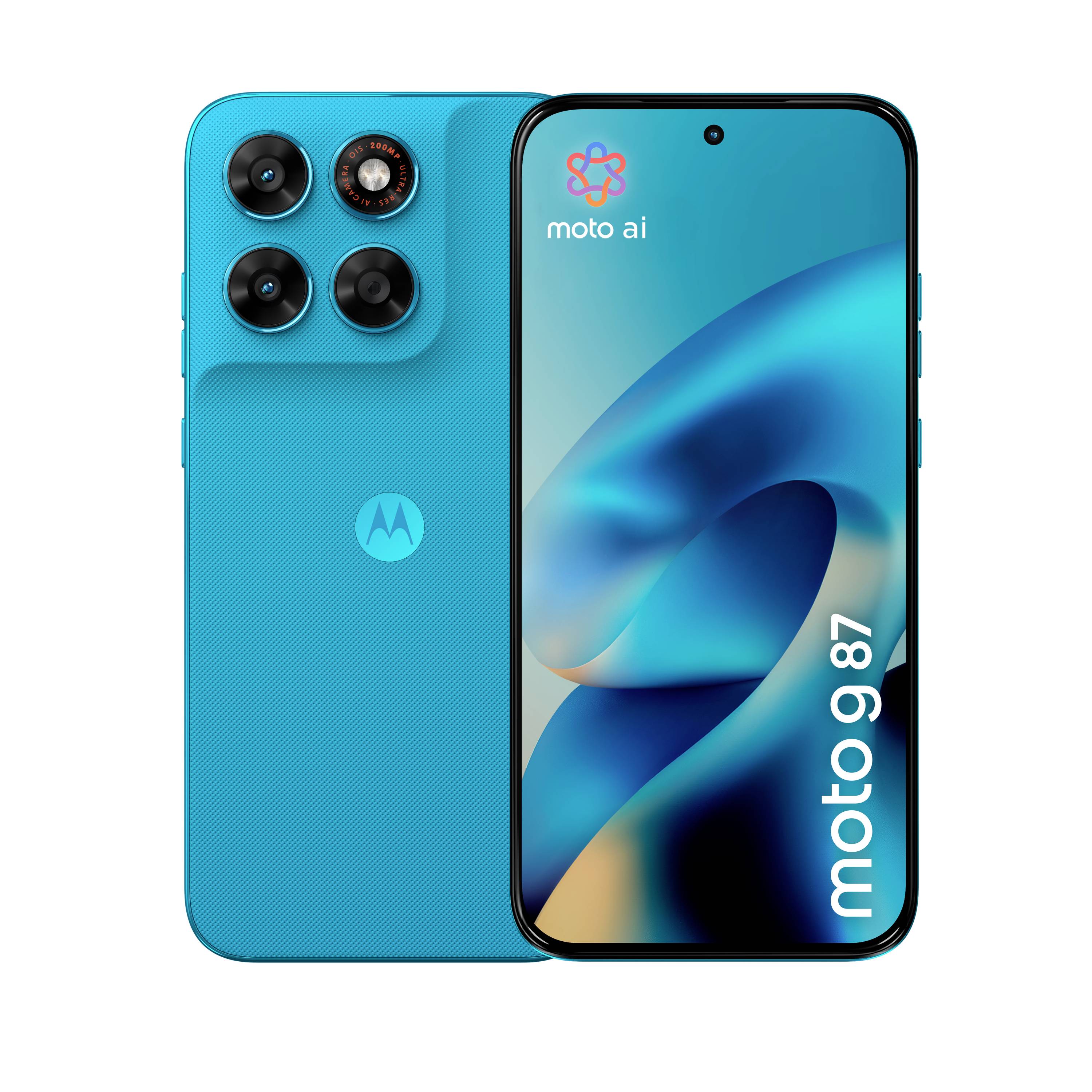 Vorder- und Rückansicht eines türkisfarbenen Motorola Moto G87 Smartphones, das dreifache rückseitige Kameras und einen Bildschirm mit „moto ai"- und „moto g87"-Branding zeigt.