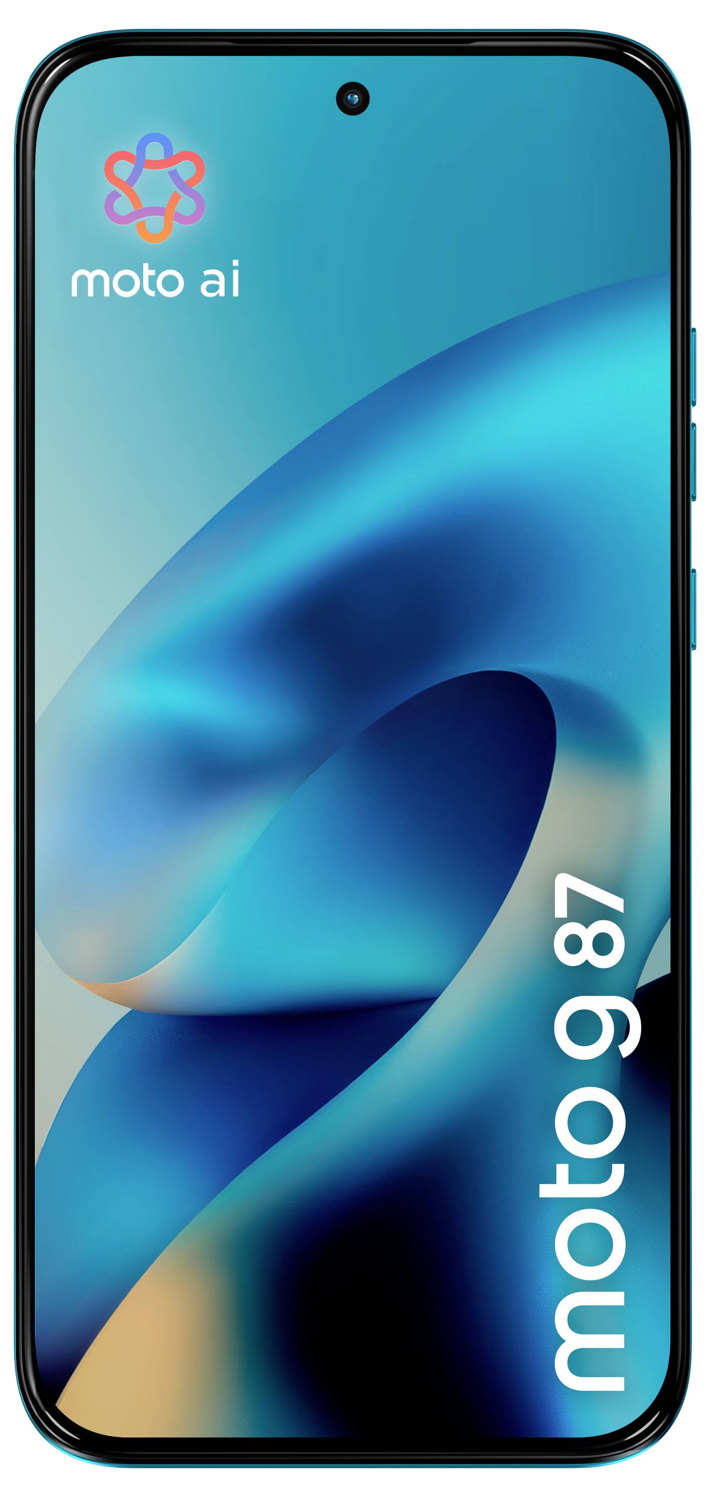 Frontansicht eines Smartphones mit einem blauen abstrakten Hintergrundbild, "moto ai" oben links und "moto g87" entlang der rechten Kante.