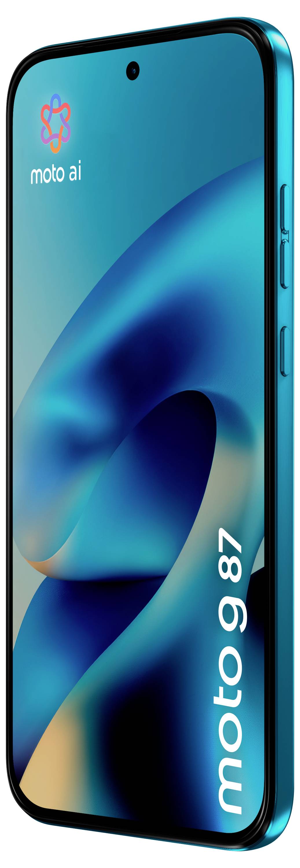 Frontansicht eines türkisfarbenen Moto AI-Smartphones mit Bildschirm und Seitentasten, mit dem Text „moto ai 87" auf dem Display.