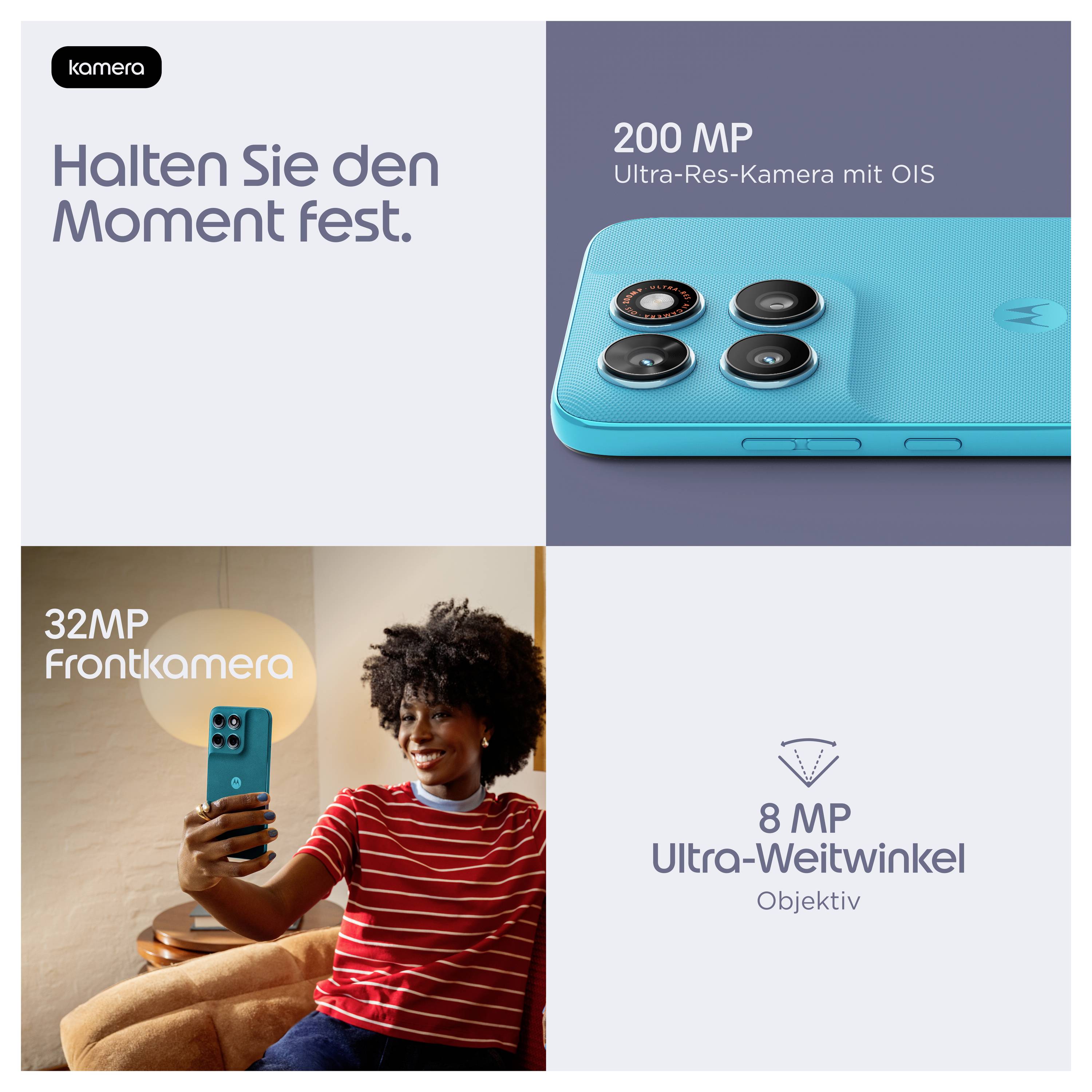 Kamera-Anzeige, die "Halten Sie den Moment fest" hervorhebt, mit einer 200-MP-Rückkamera, einer 32-MP-Frontkamera und einem 8-MP-Ultraweitwinkelobjektiv.