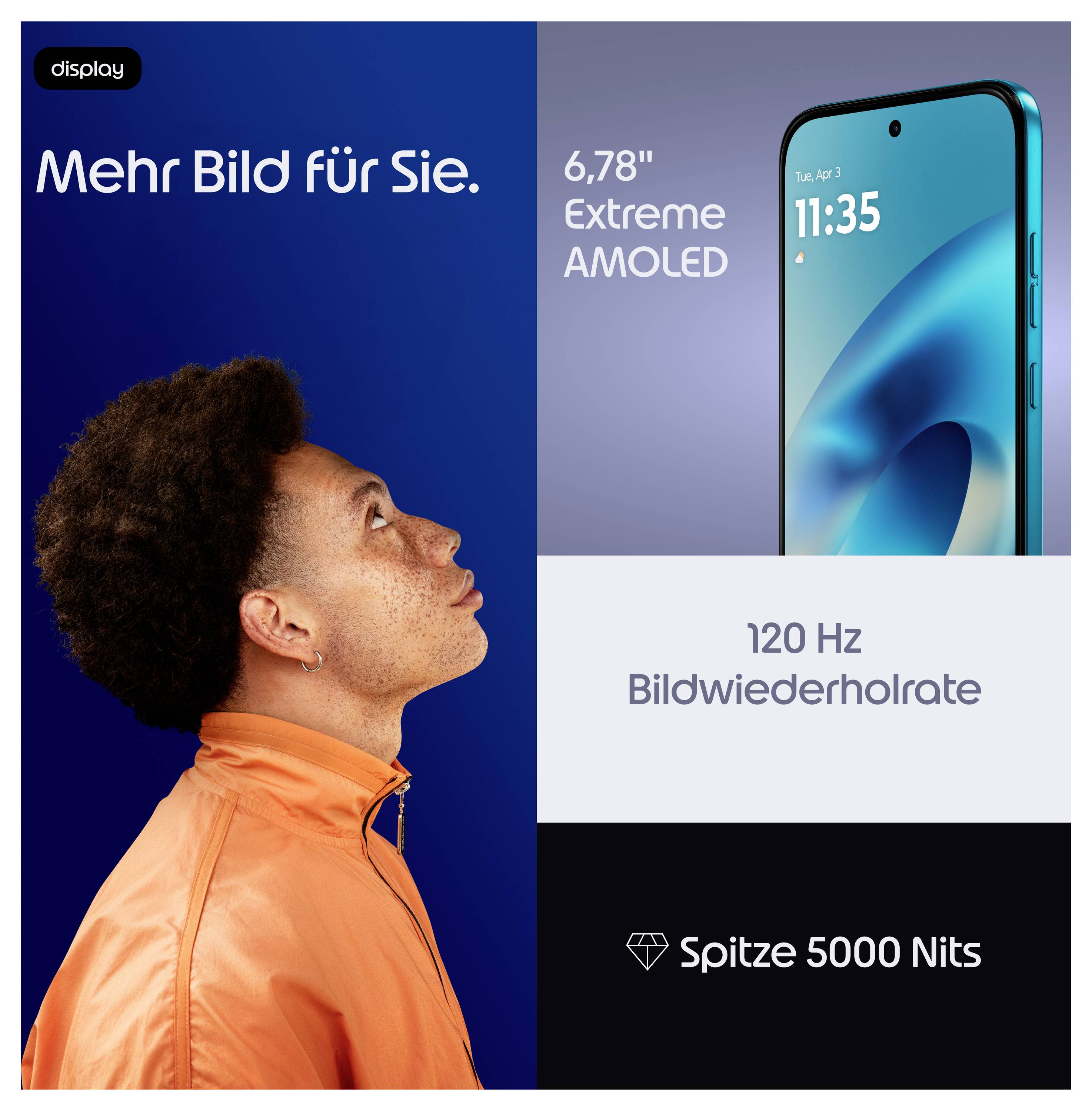 Werbeanzeige für Smartphone mit einem Mann in einer orangefarbenen Jacke, der auf ein Telefon aufblickt, mit Hervorhebung des 6,78-Zoll-AMOLED-Displays, einer Bildwiederholfrequenz von 120 Hz und einer maximalen Helligkeit von 5000 Nits.