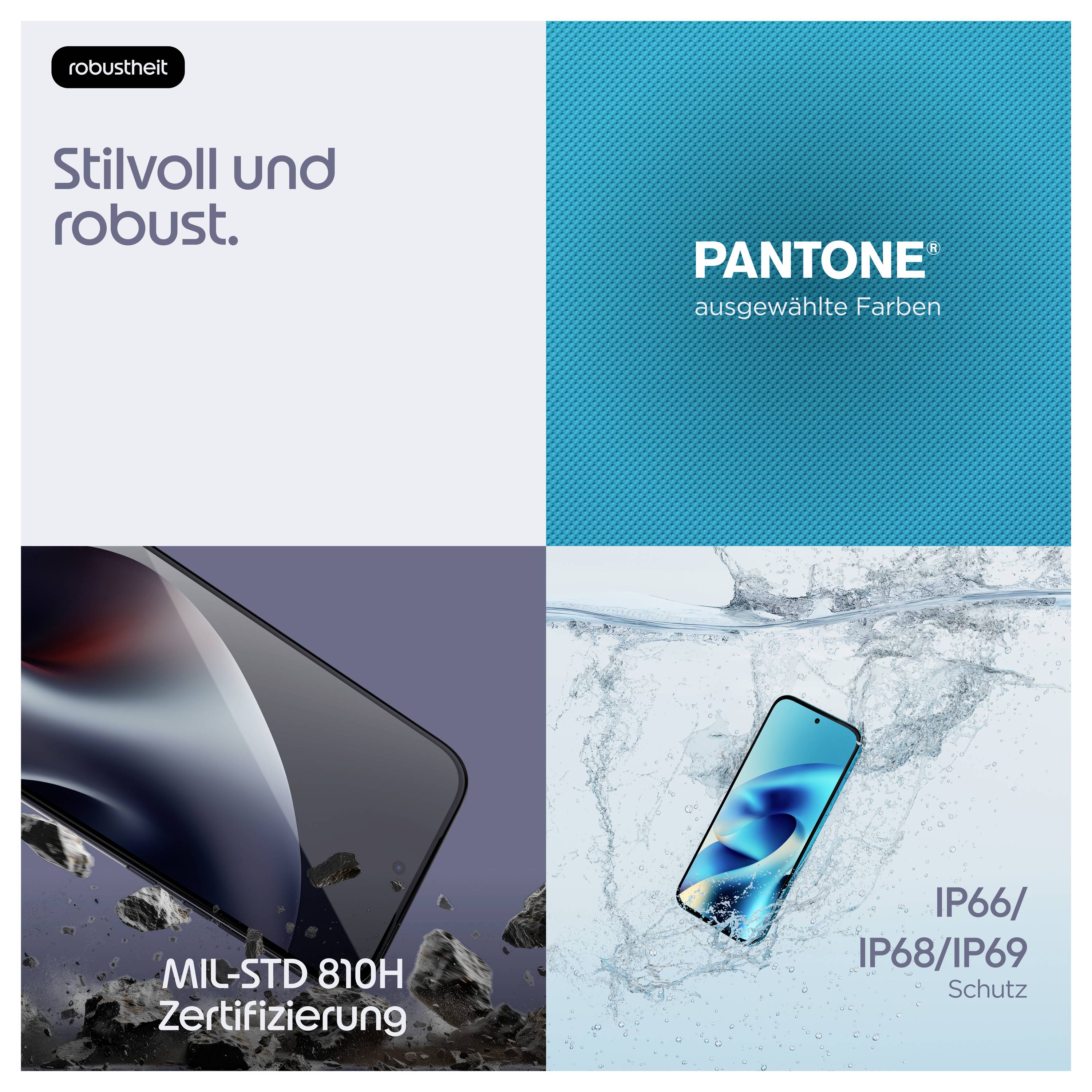 Vierfeld-Produktanzeige für Robustheit: 'Stilvoll und robust', Pantone ausgewählte Farben, MIL-STD 810H-Zertifizierung und IP66/IP68/IP69-Schutz für ein Telefon.