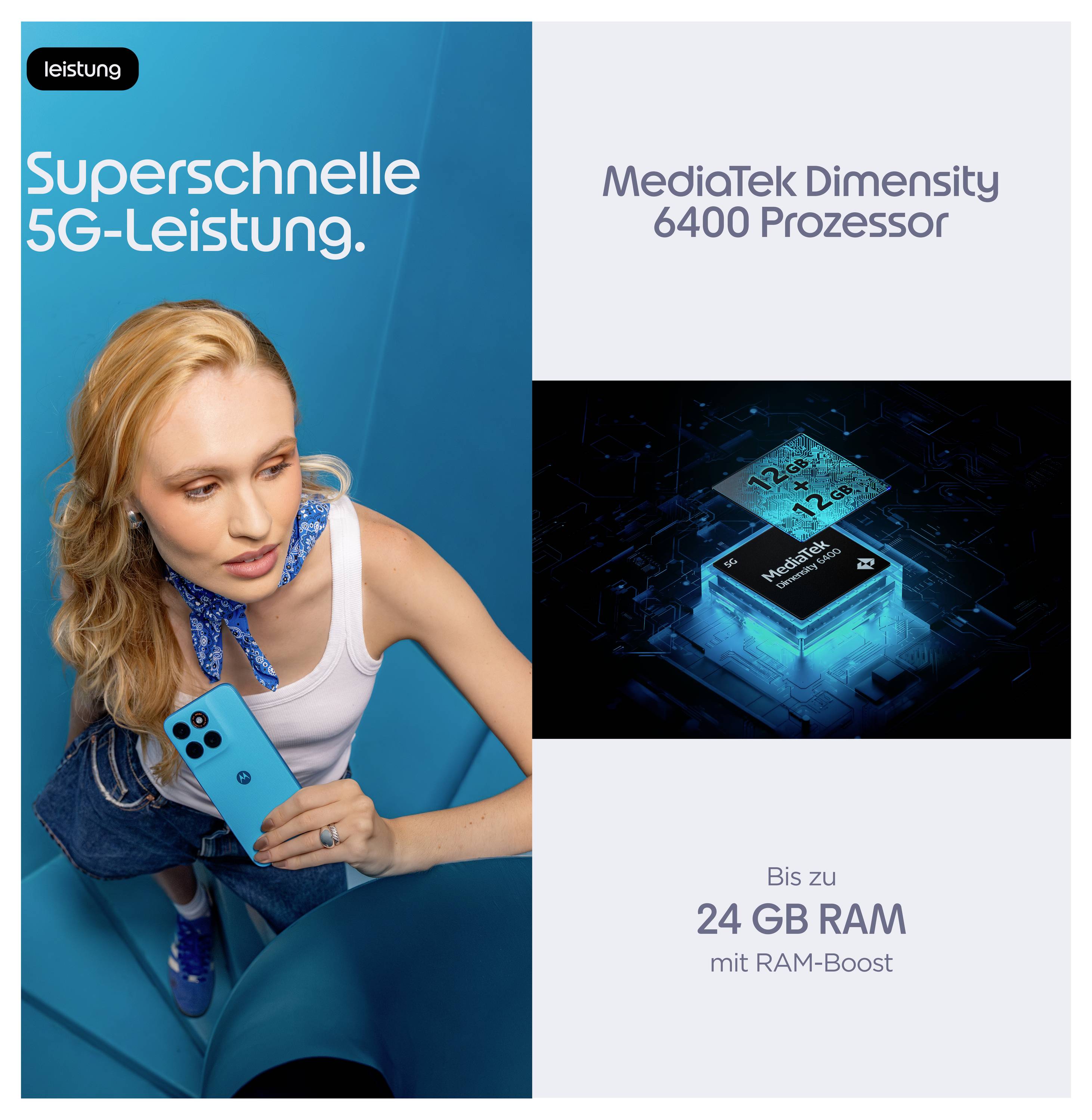 Angebot für ein Smartphone mit „Superschnelle 5G-Leistung", MediaTek Dimensity 6400 Prozessor und „Bis zu 24 GB RAM mit RAM-Boost"; eine Frau hält ein blaues Telefon.