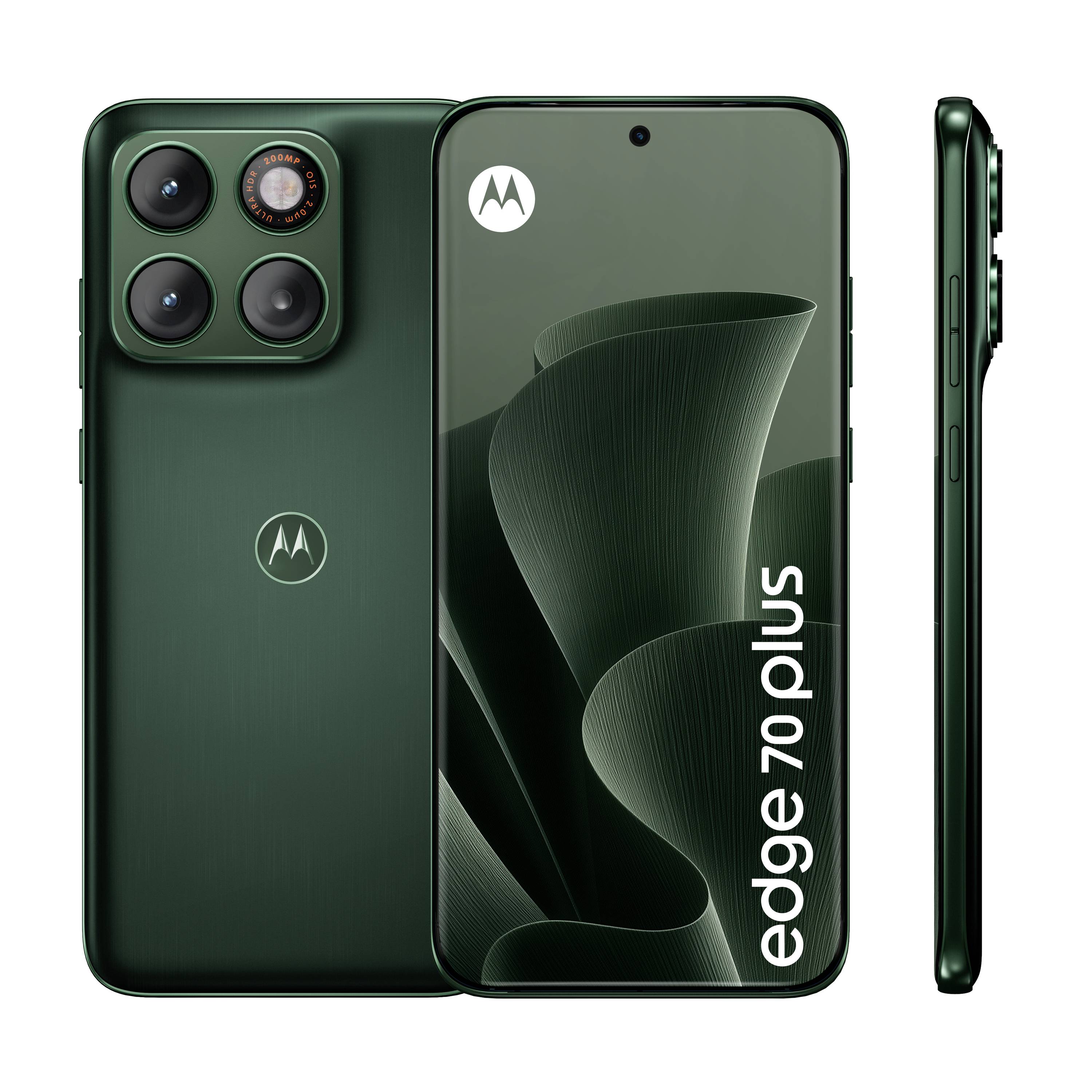 Grünes Motorola Edge 70 Plus Smartphone, von vorne, hinten und von der Seite gezeigt, mit dreifachen Rückfahrkameras und Text "edge 70 plus" auf dem Display.