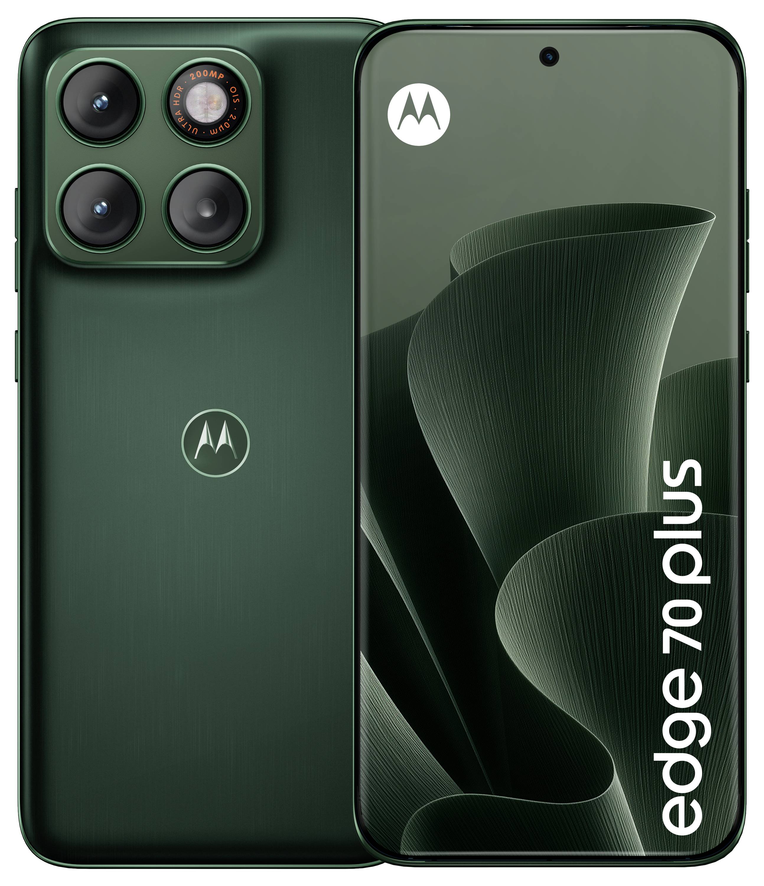 Grünes Motorola Edge 70 Plus Smartphone von vorne und hinten gezeigt, mit dreifacher Rückkamera und Text "Edge 70 Plus" auf dem Display.