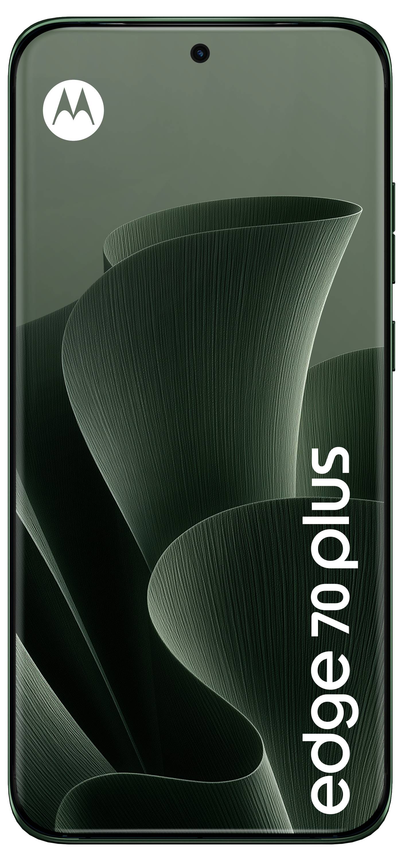 Frontansicht eines Motorola Edge 70 Plus Smartphones mit einem dunkelgrünen abstrakten Hintergrundbild und "edge 70 plus" Text auf dem Bildschirm.