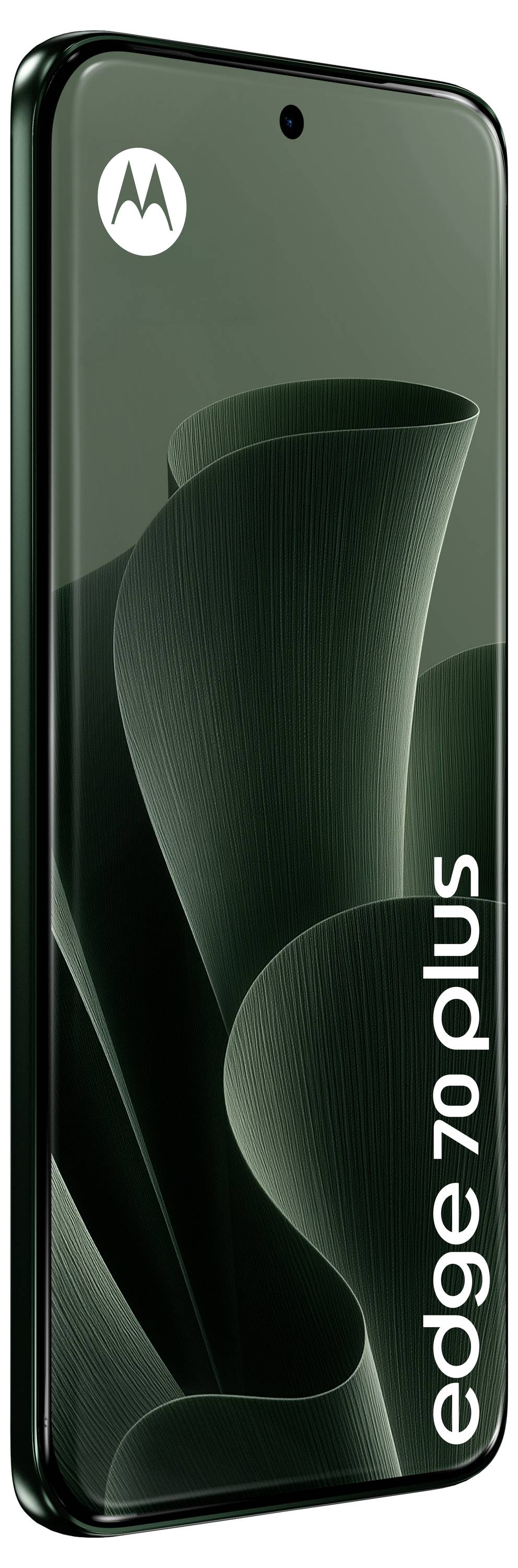 Motorola Edge 70 Plus Smartphone in Vorderansicht mit dunkelgrünem abstraktem Hintergrund und "edge 70 plus" Text entlang der rechten Seite.