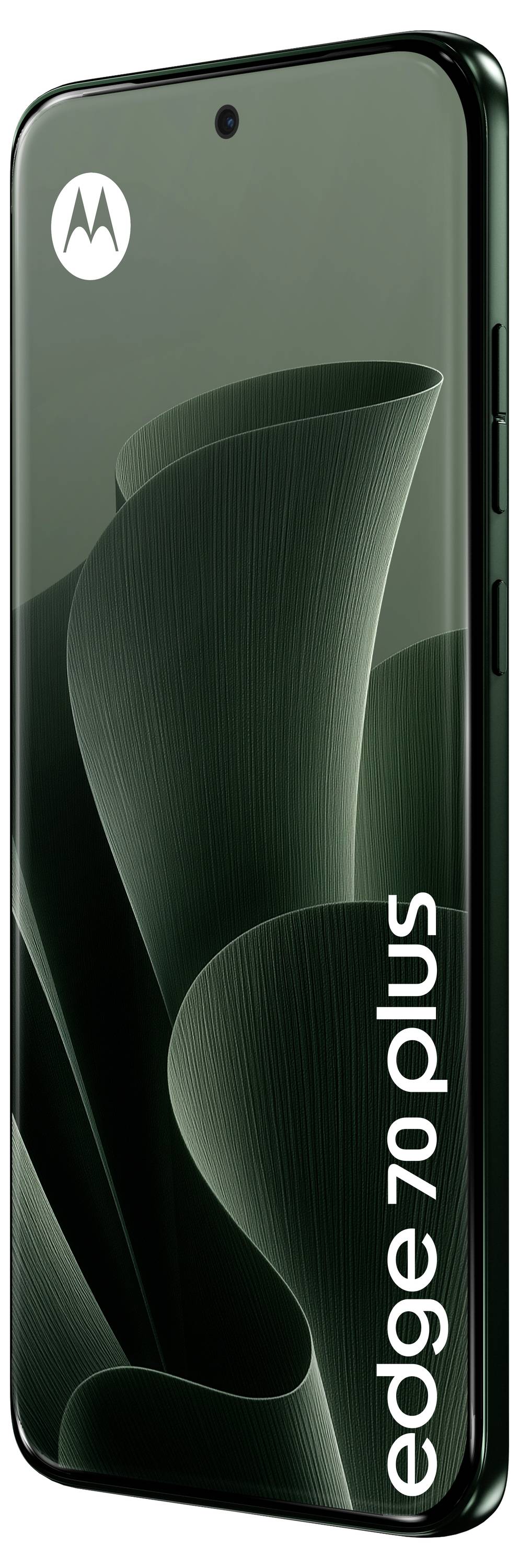 Grünes Motorola Edge 70 Plus Smartphone von vorne gezeigt mit aktiviertem Bildschirm, das das Motorola-Logo und den Text „edge 70 plus" zeigt.