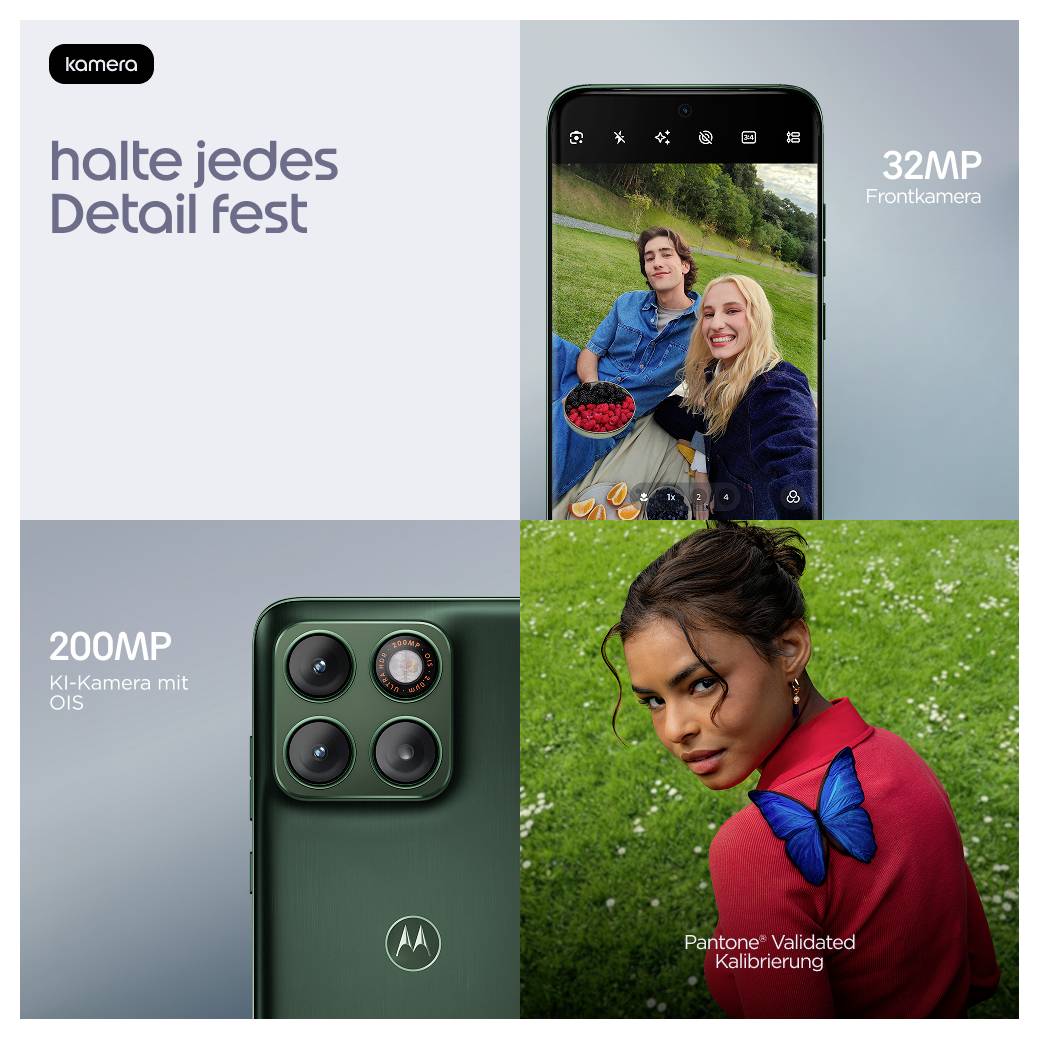 Deutsches Smartphone-Angebot mit Schwerpunkt auf „Halte jedes Detail fest", mit 32-MP-Frontkamera, 200-MP-KI-Kamera mit OIS und Pantone-validierter Farbkalibrierung.