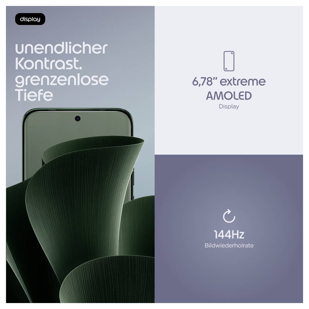 Smartphone-Display-Anzeige mit den Highlights „unendlicher Kontrast. grenzenlose Tiefe", 6,78-Zoll-AMOLED-Display und 144-Hz-Aktualisierungsfrequenz.