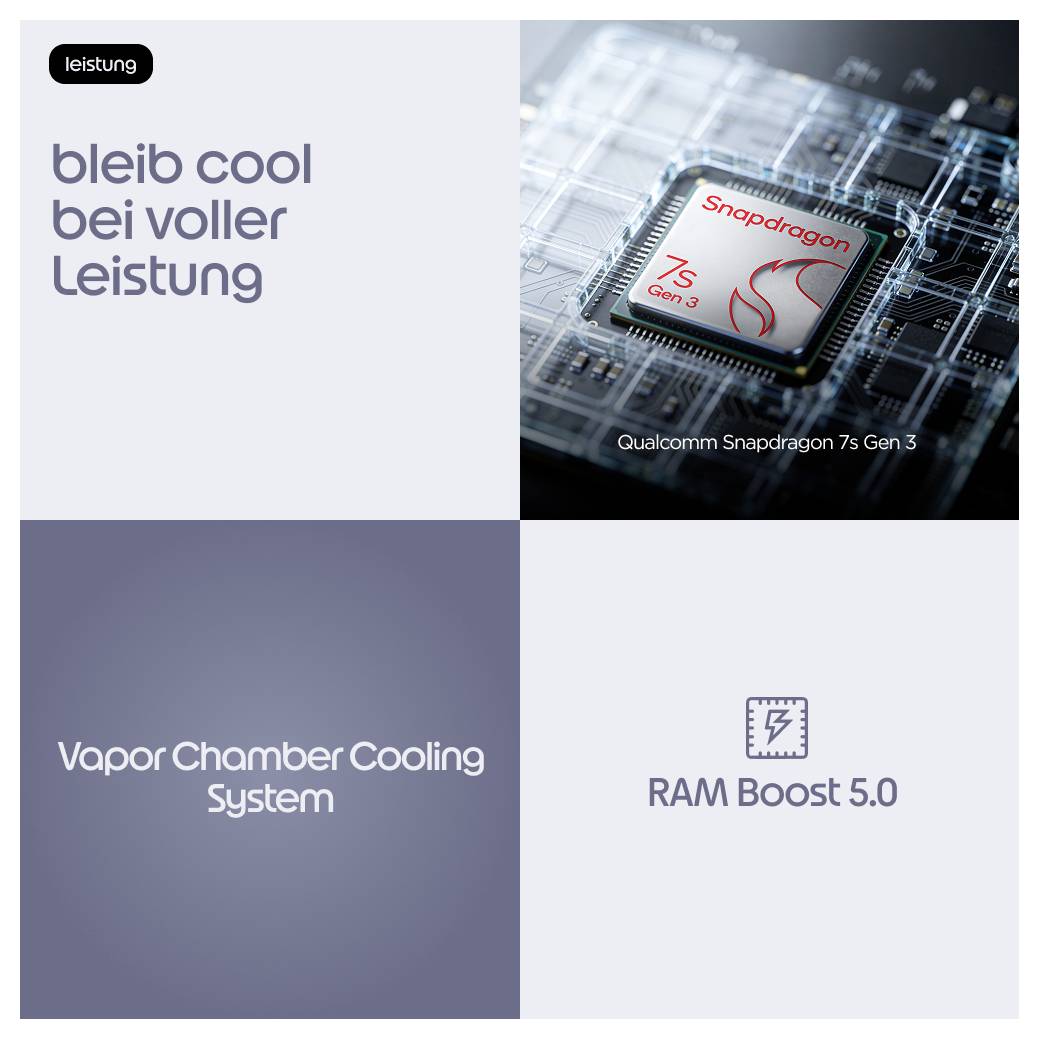 Werbe-Grafik für die Qualcomm Snapdragon 7s Gen 3 Leistungsmerkmale, die den Chip und die Beschriftungen „Vapor Chamber Cooling System" und „RAM Boost 5.0" zeigt.