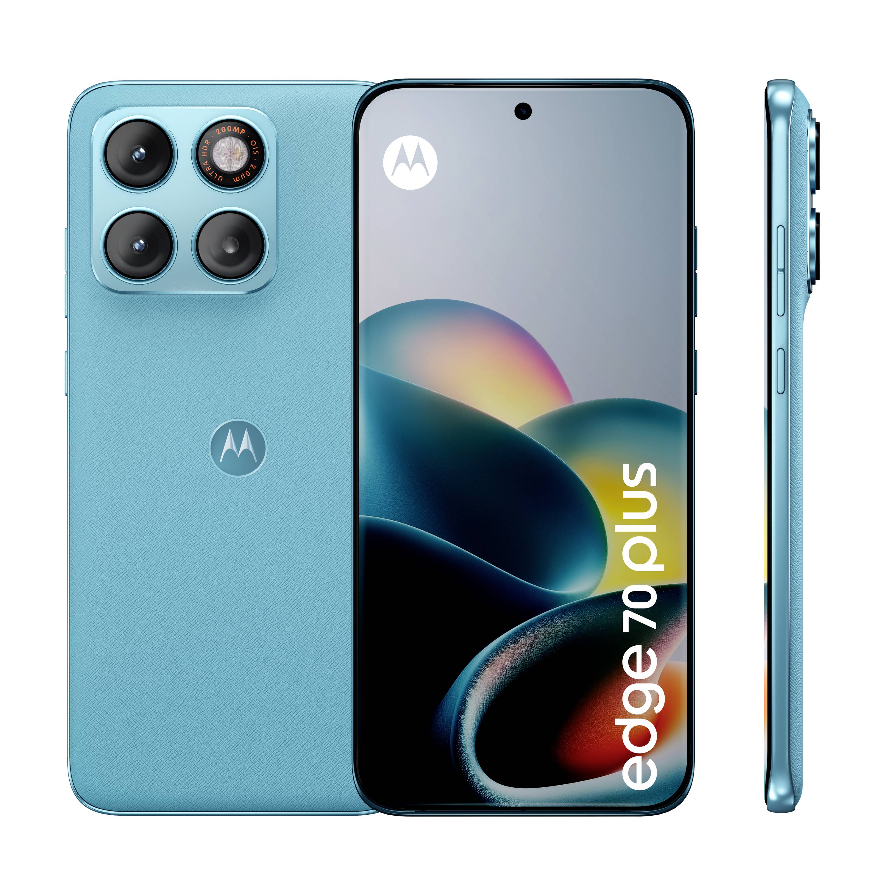 Front-, Rück- und Seitenansichten eines türkisfarbenen Motorola Edge 70 Plus Smartphones mit dreifacher Rückfahrtkamera und dem Display des Telefons mit dem Text "edge 70 plus".