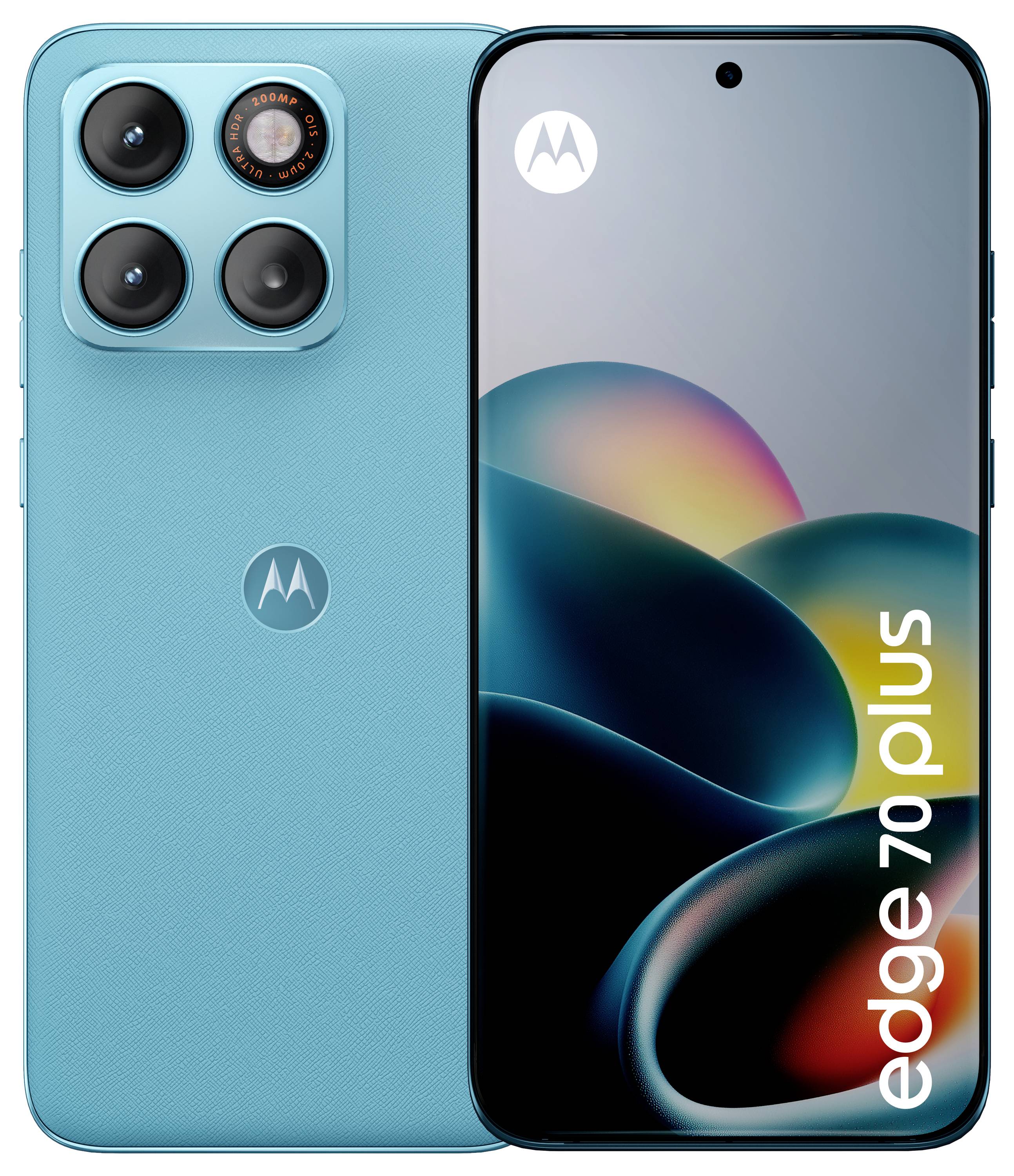 Motorola Edge 70 Plus Smartphone von vorne und hinten in Türkis dargestellt, das das Triple-Kamera-Design auf der Rückseite und das Display-Branding hervorhebt.