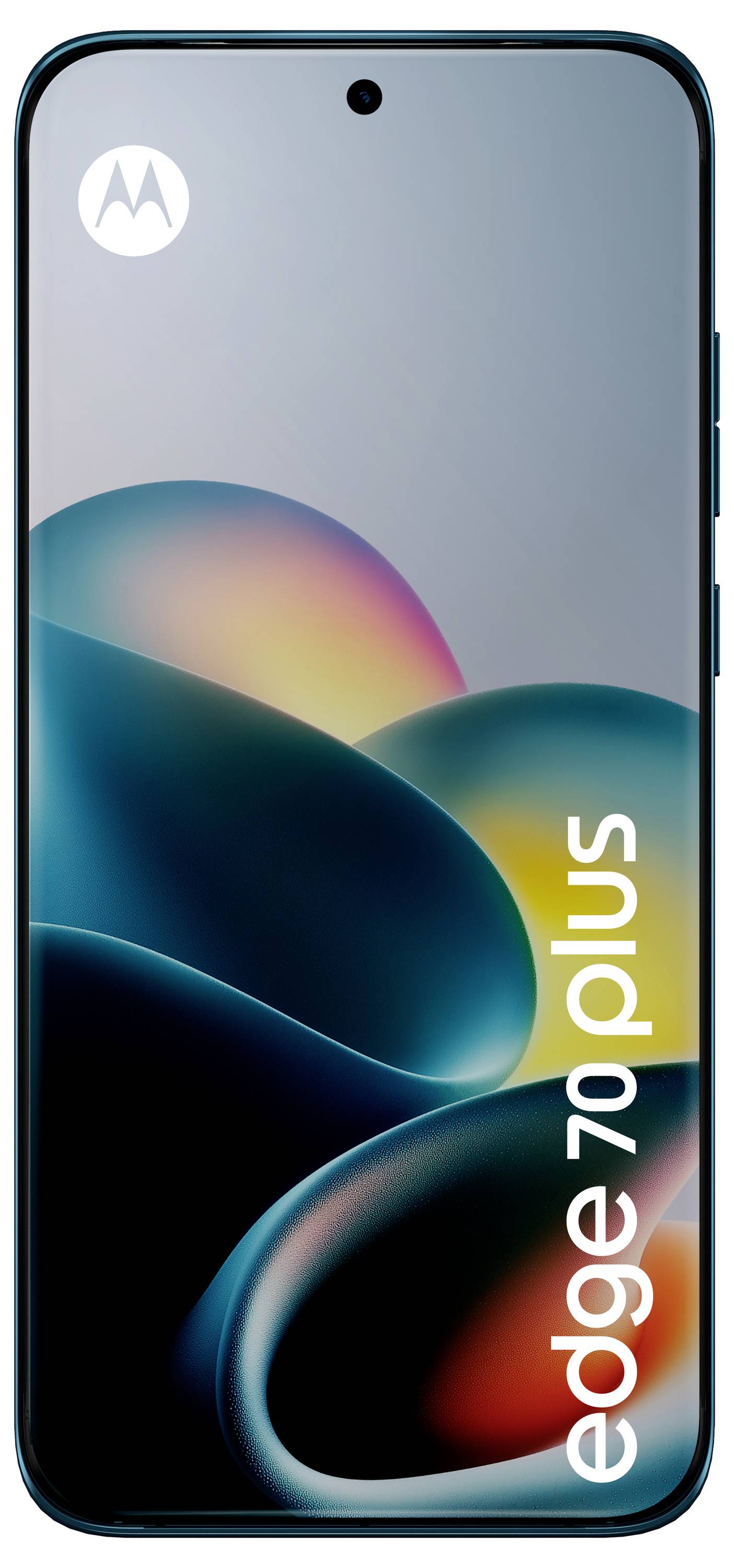 Vorderansicht eines Motorola Edge 70 Smartphones mit einer zentrierten Punch-Hole-Kamera und einem farbenfrohen abstrakten Hintergrund.