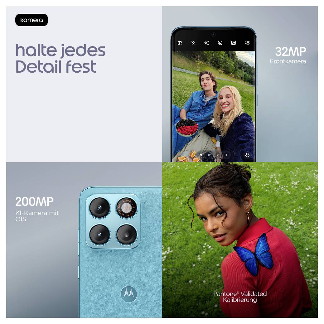 Smartphone-Kamera-Werbung mit „halte jedes Detail fest" mit 32-MP-Frontkamera, 200-MP-KI-Kamera mit OIS und Pantone-validierter Kalibrierung.