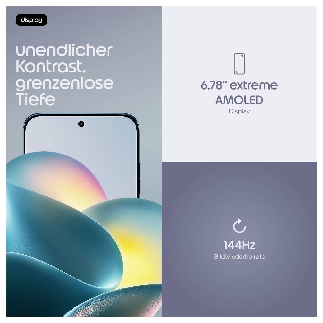 Smartphone-Displayanzeige mit den Texten „unendlicher Kontrast. grenzenlose Tiefe", einem 6,78 Zoll großen Extreme AMOLED-Bildschirm und einer Bildwiederholfrequenz von 144Hz.