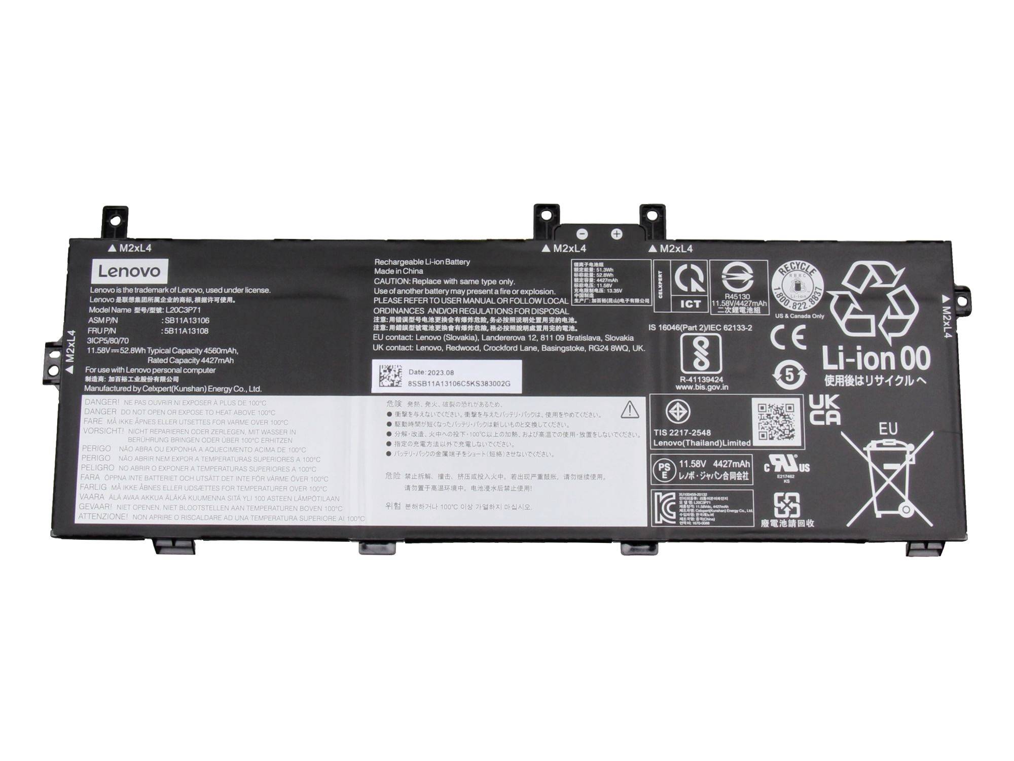 Lenovo-Laptop-Akku von vorne gezeigt, schwarzes rechteckiges Li-Ionen-0,0-Akku mit Etiketten, Warnsymbolen und Recycling-Symbolen auf weißem Hintergrund.
