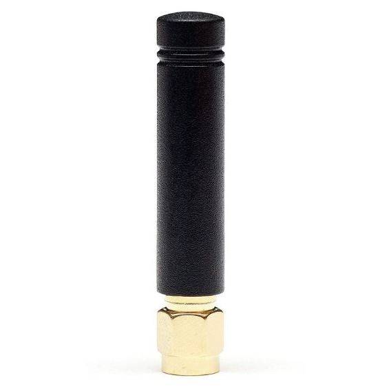 Schwarze zylindrische Antenne mit einem vergoldeten Anschluss auf weißem Hintergrund.