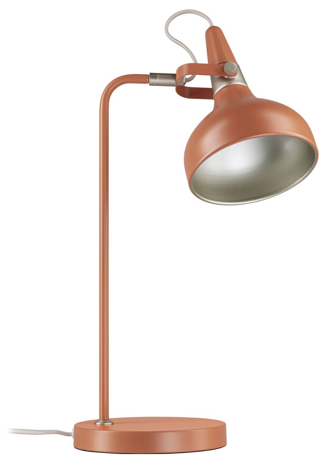 Orangefarbene Schreibtischlampe mit rundem Fuß und verstellbarem Kopf, abgebildet auf weißem Hintergrund.