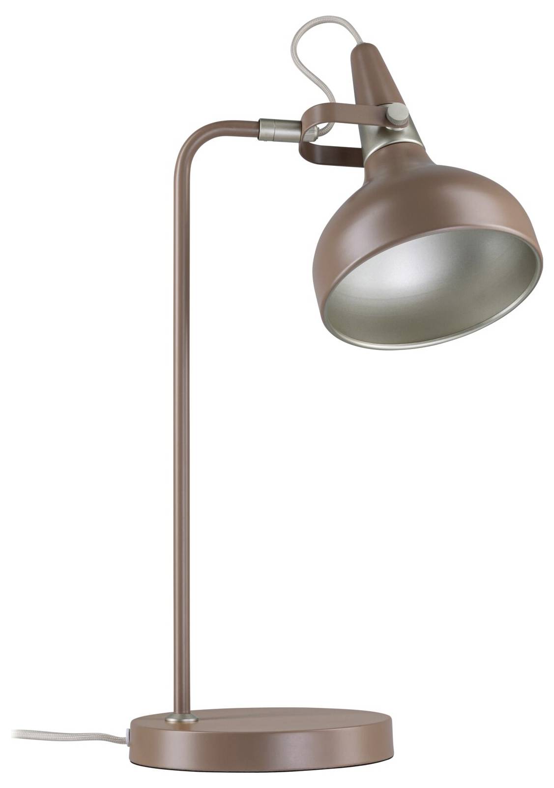 Kupferschreibtischlampe mit rundem Sockel und verstellbarem geneigtem Schirm, gezeigt auf weißem Hintergrund.