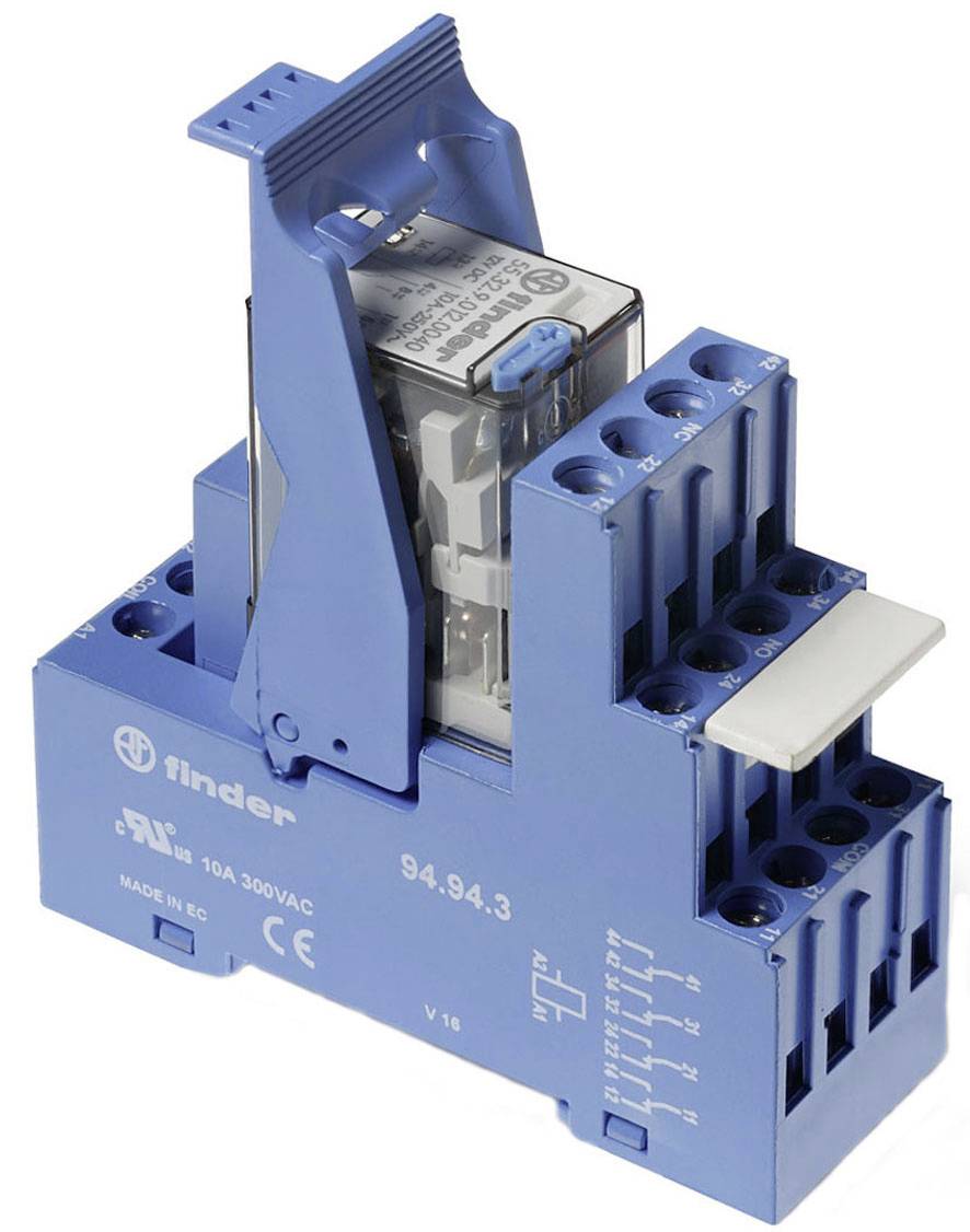 Blue Finder Industrie-Relaissteckdose mit eingestecktem transparentem Relaismodul und mehreren Schraubklemmen zur Verdrahtung.