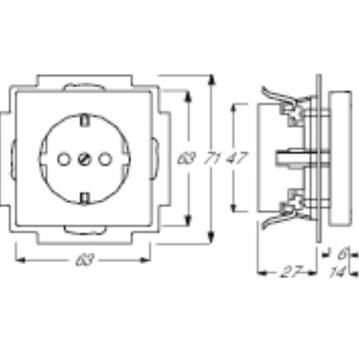 Technische Zeichnung einer Wandsteckdose mit Vorder- und Seitenansicht sowie Montagemaßen in Millimetern gekennzeichnet.