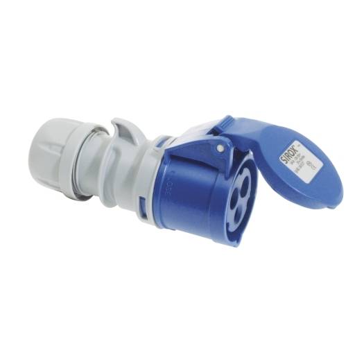 Blauer und grauer Industrie-Stromstecker mit abnehmbarem Deckel, auf weißem Hintergrund dargestellt.