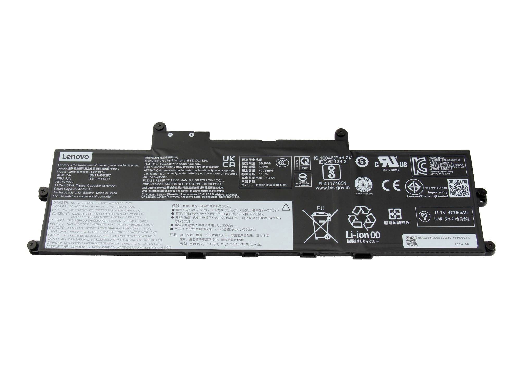 Lenovo Laptop-Akku mit behördlichen Etiketten und Li-Ionen-Recycling-Symbolen auf weißem Hintergrund.