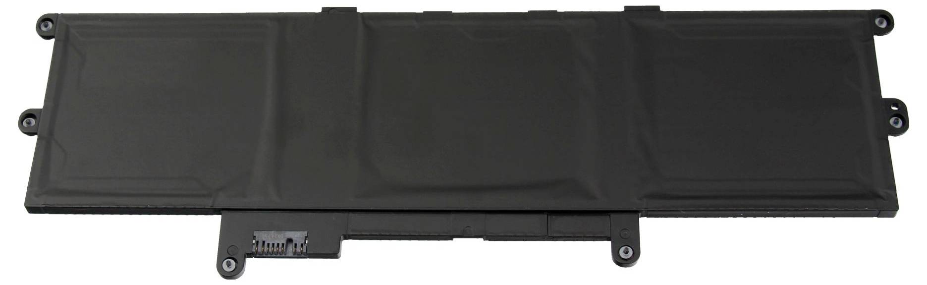 Schwarzes rechteckiges elektronisches Akkupaket mit Montagelaschen und Steckverbinder, dargestellt auf weißem Hintergrund.