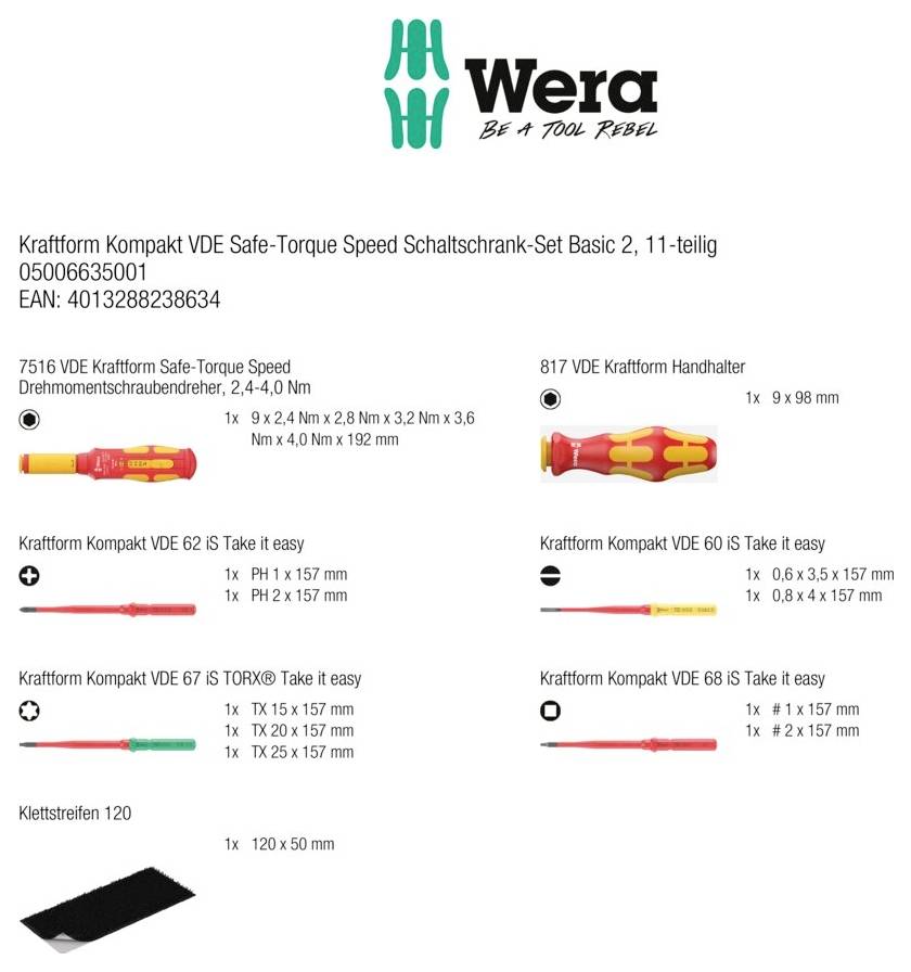 Wera VDE Safe-Torque Speed Basic 2 Elektriker Drehmoment-Schraubendreher-Set Schlitz, Plus/Minus, TORX-33