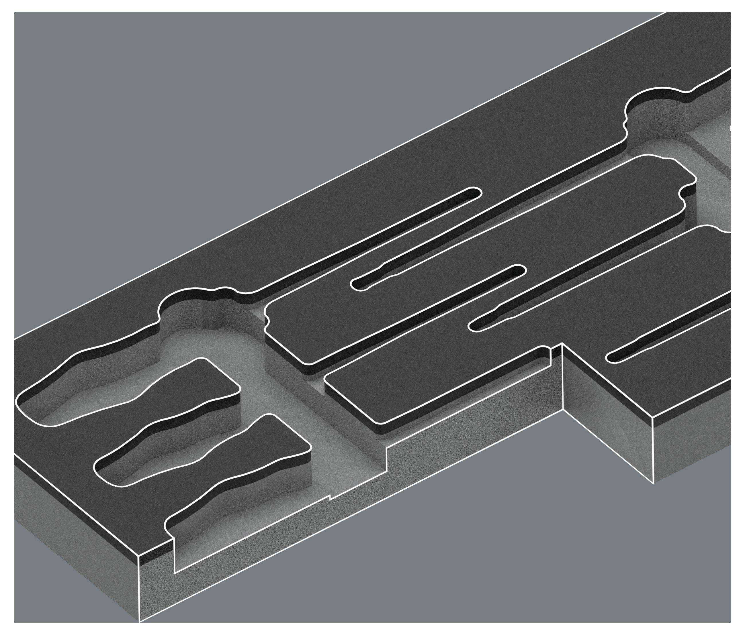 Isometrische 3D-Schnittansicht von verschachtelten schwarzen Schichtblöcken, die eine rätselhaft abstrakte Form auf grauem Hintergrund bilden.