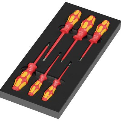 Satz von sechs rot-gelben isolierten Schraubendrehern in einem schwarzen Schaumstoff-Tablett angeordnet, einschließlich eines schlanken Messwerkzeugs.