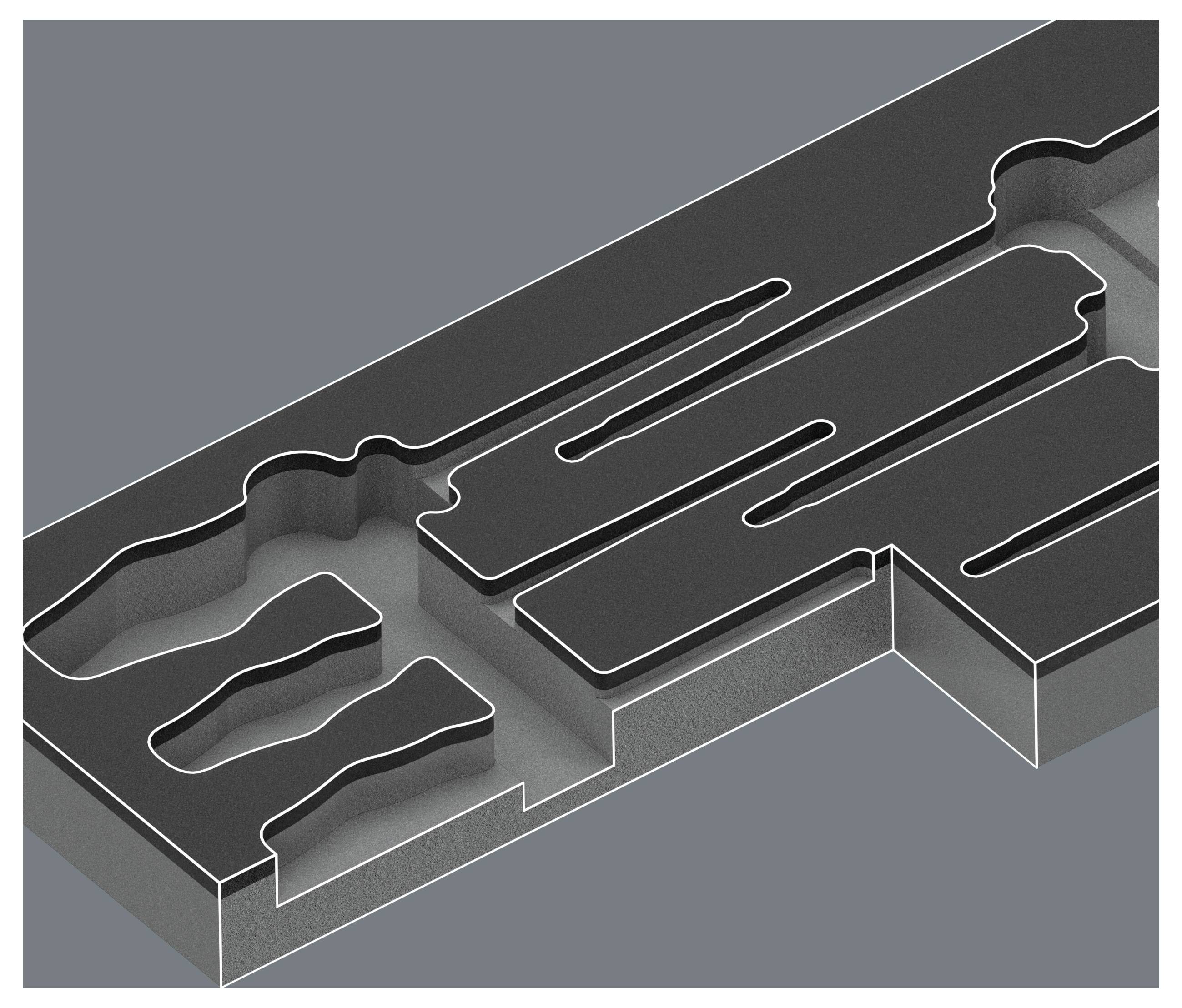 Isometrische 3D-Grafik eines dunklen Metallblocks mit Ausschnitten, eingetieften Kanälen und erhabenen Rippen auf grauem Hintergrund.