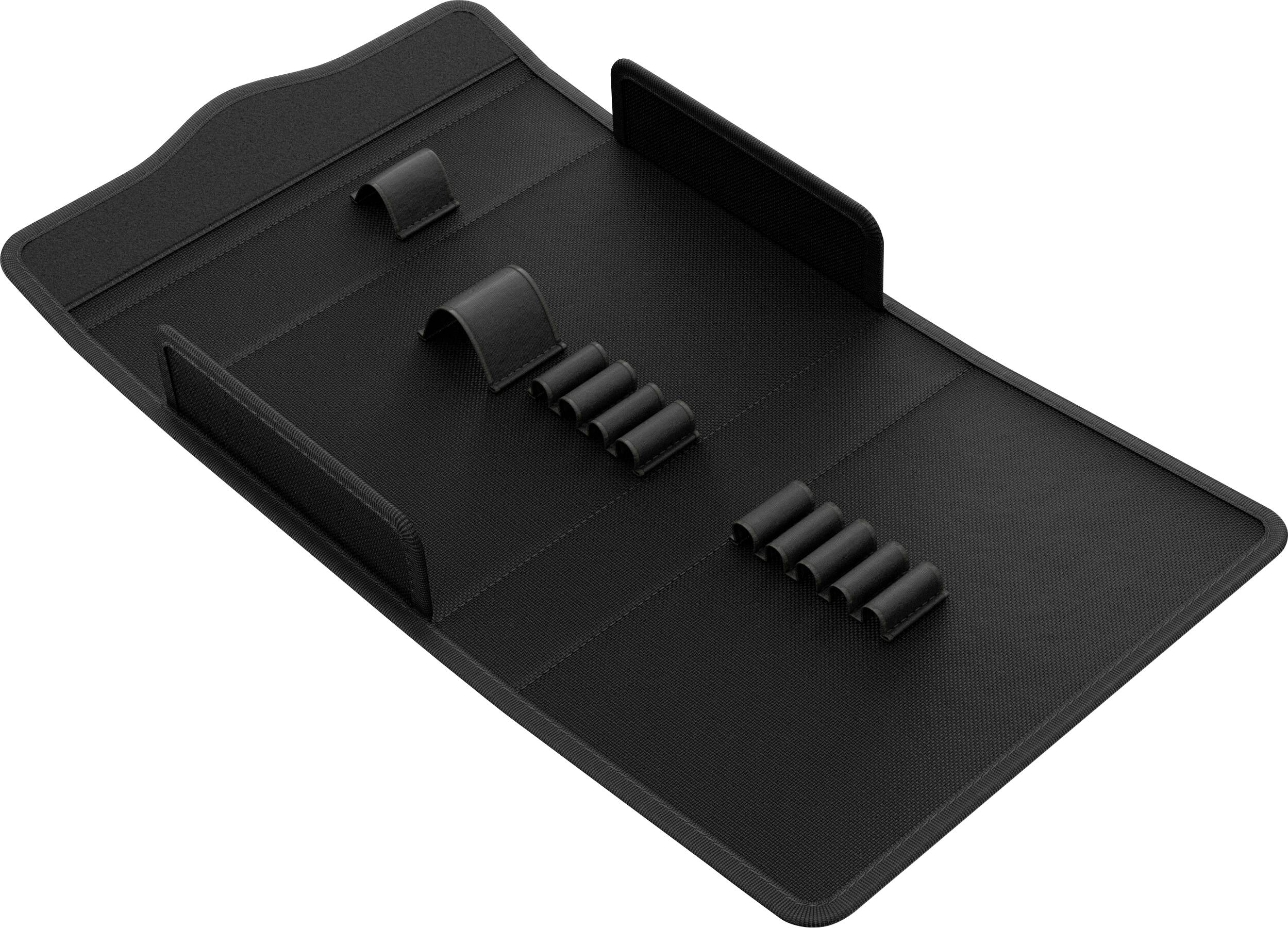 Schwarzes Laptop-Ständer-Tablett mit verstellbaren gebogenen Stützen und kleinen Rollen, dargestellt auf weißem Hintergrund.