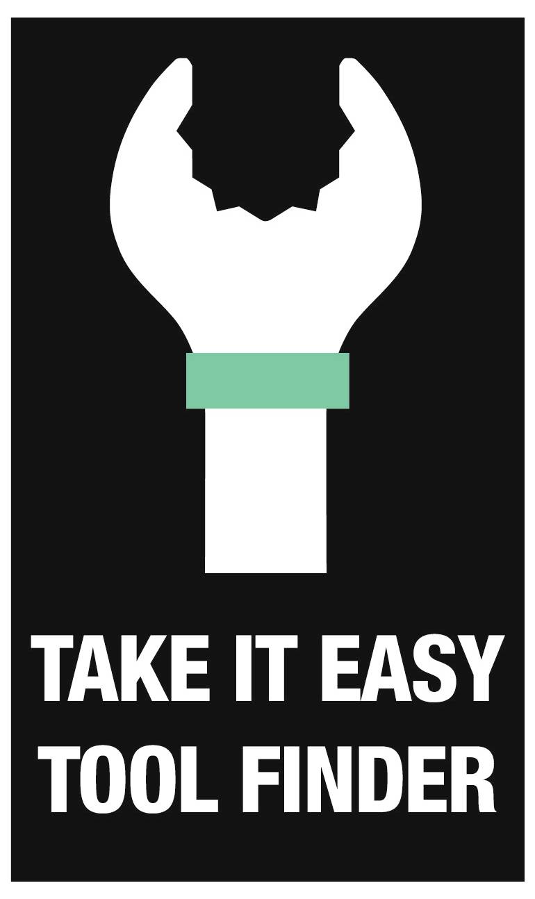 Schwarzes Plakat mit einem weißen Schraubenschlüssel-Symbol über den Worten „TAKE IT EASY TOOL FINDER" in fetter weißer Schrift.