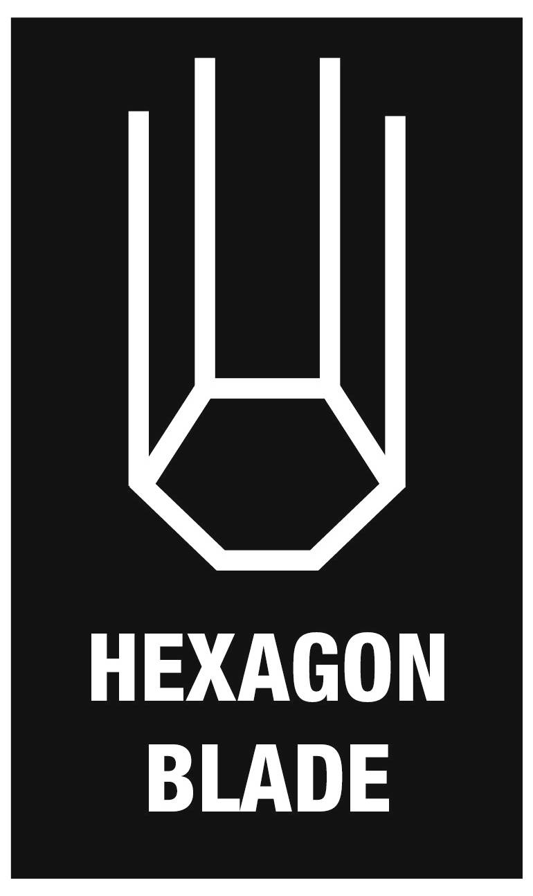 Schwarzes Logo mit einem weißen geometrischen Hexagon-Klingen-Symbol über dem Text „HEXAGON BLADE".