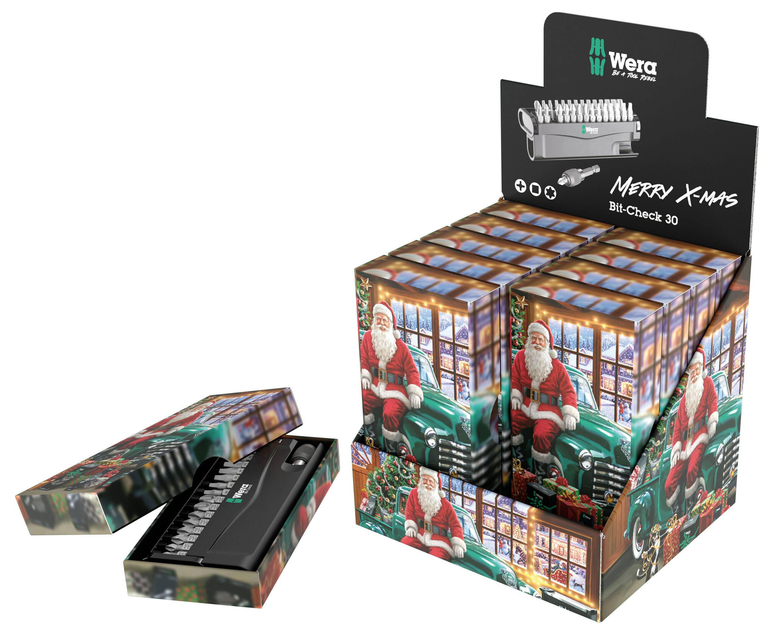Wera Merry X-Mas Bit-Check 30 Schraubendreher-Bitsatz in einer festlichen Weihnachtsgeschenkbox, mit einem offenen Koffer, der verschiedene Bits zeigt.