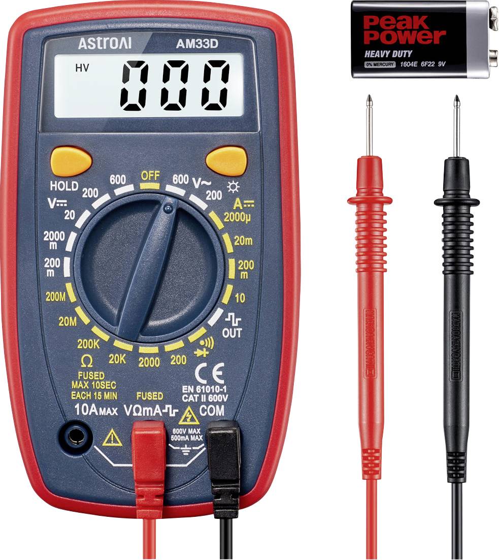 Digitales Multimeter mit roten und schwarzen Messspitzen und einer 9-V-Batterie, wobei die Meteranzeige 000 anzeigt.