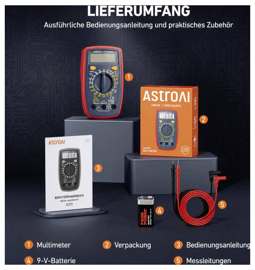 Produktpaketinhalt für ein AstroAI-Multimeter: Multimeter, Karton, Bedienungsanleitung, 9-V-Batterie und Messleitungen.