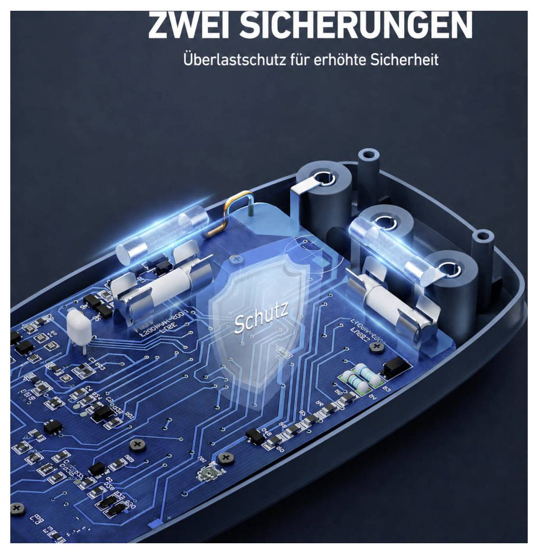 3D-Illustration einer elektronischen Schaltung mit einem Schild mit der Aufschrift "Schutz" und dem Text "ZWEI SICHERUNGEN" und "Überlastschutz für erhöhte Sicherheit", die doppelten Sicherungsüberlastschutz zeigt.