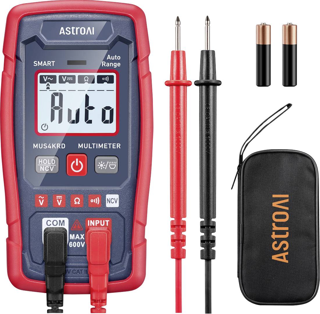 AstroAI-Digitalmultimeter-Set mit roten und schwarzen Messleitungen, zwei AAA-Batterien und Transportkoffer.