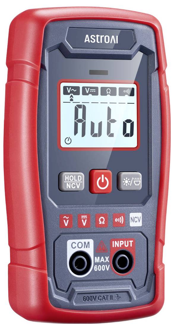 ASTROAI tragbares digitales Multimeter im "Auto"-Modus mit LCD-Display, Funktionstasten und COM- sowie INPUT-Anschlüssen mit einer Bewertung von 600V CAT II.