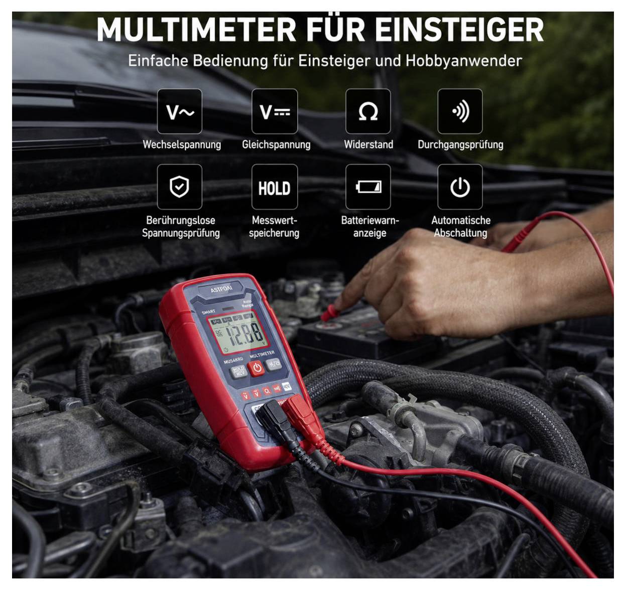 Werbebild eines roten digitalen Multimeters in einem Motorraum, mit deutschem Text „MULTIMETER FÜR EINSTEIGER" und Symbolen, die Funktionen wie Spannung, Widerstand, Durchgang, Haltefunktion und automatische Abschaltung aufzählen.