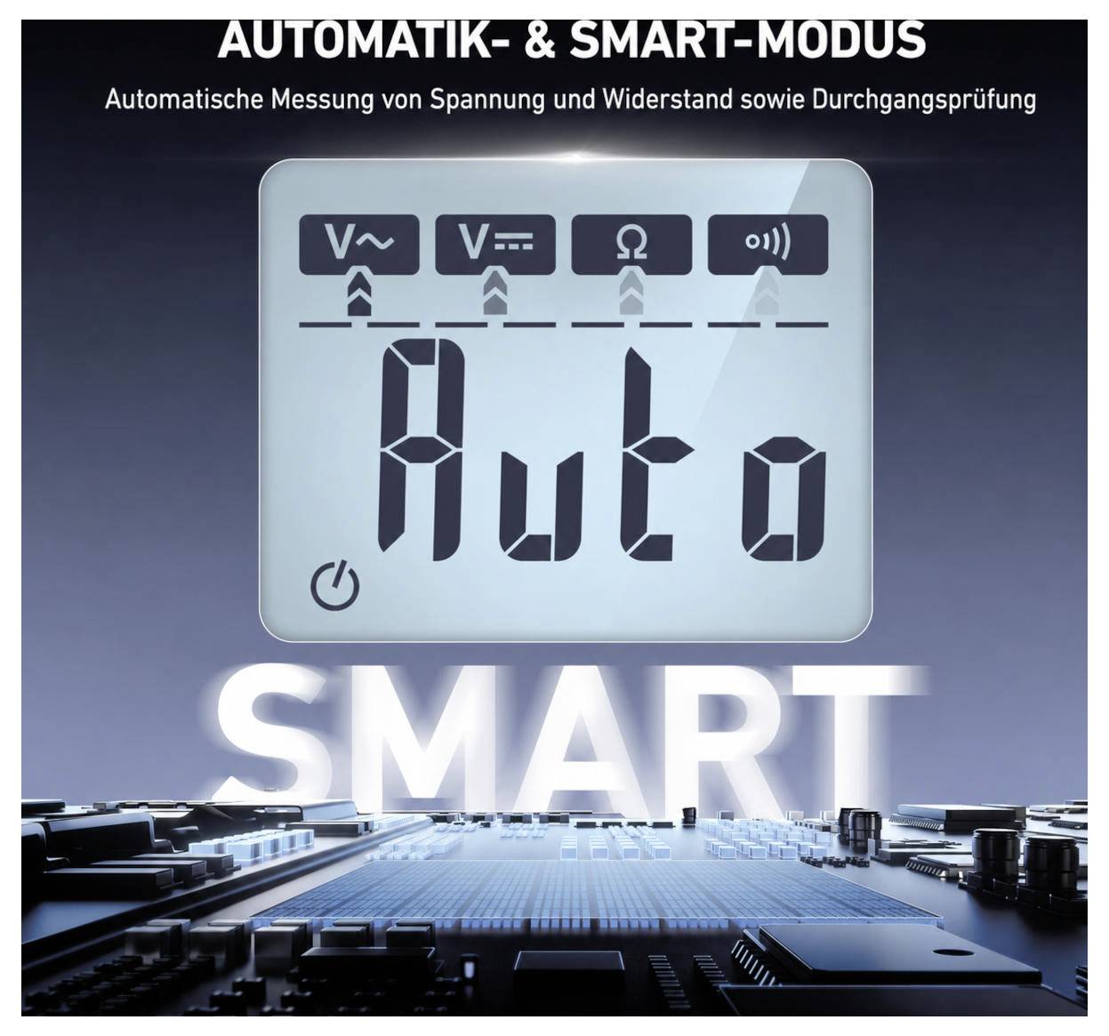Werbegraik für eine automatische und intelligente Modusanzeige eines Messgeräts mit "Auto" und Symbolen für Spannungs-, Widerstands- und Durchgangsprüfung sowie das Wort "SMART" darunter.