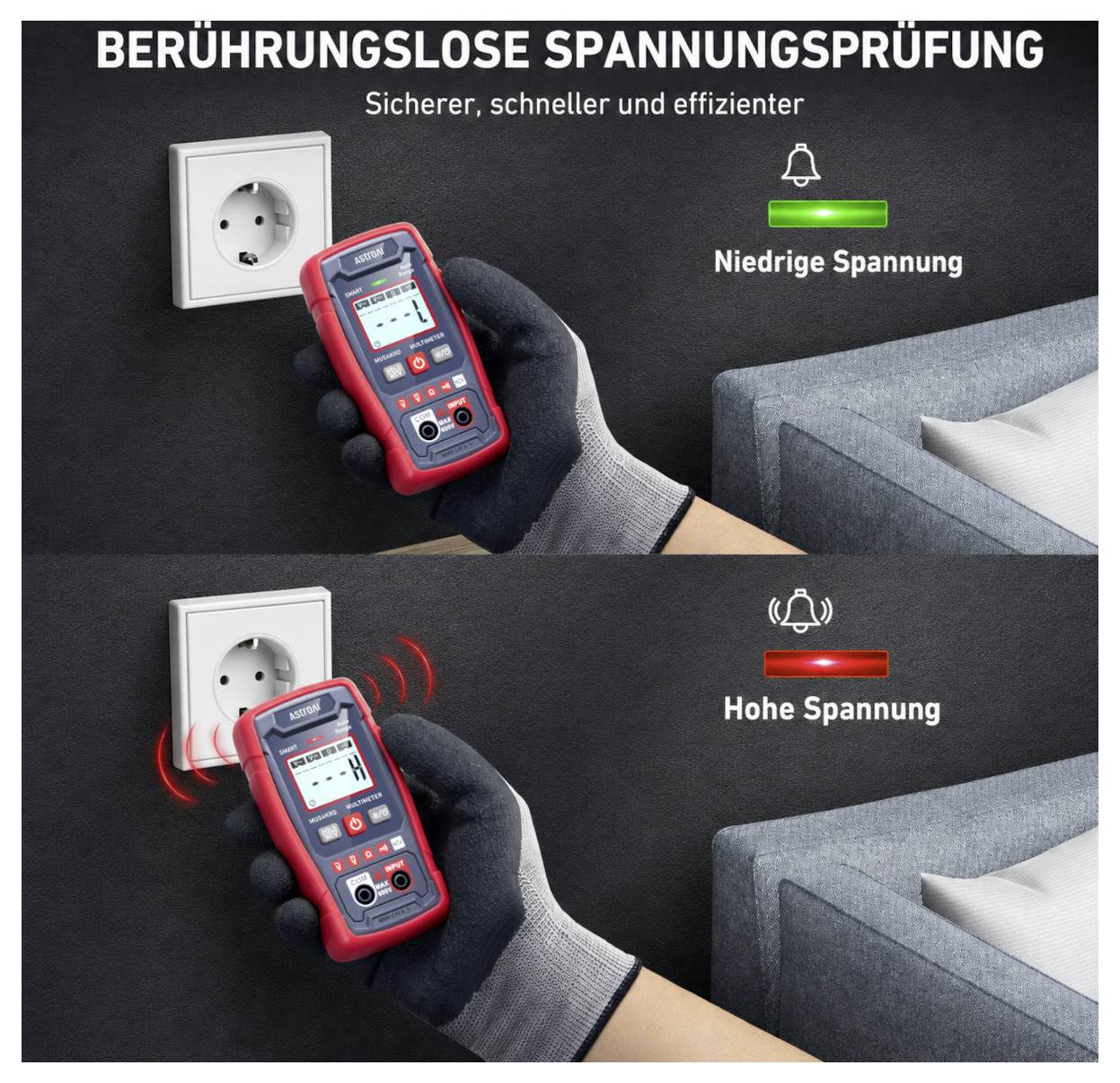 Grafik zeigt kontaktlose Spannungsprüfung: ein tragbares Prüfgerät in der Nähe einer Wandsteckdose zeigt „Niedrige Spannung" mit grünem Licht an und „Hohe Spannung" mit roter Warnung in der Nähe des Sofas.