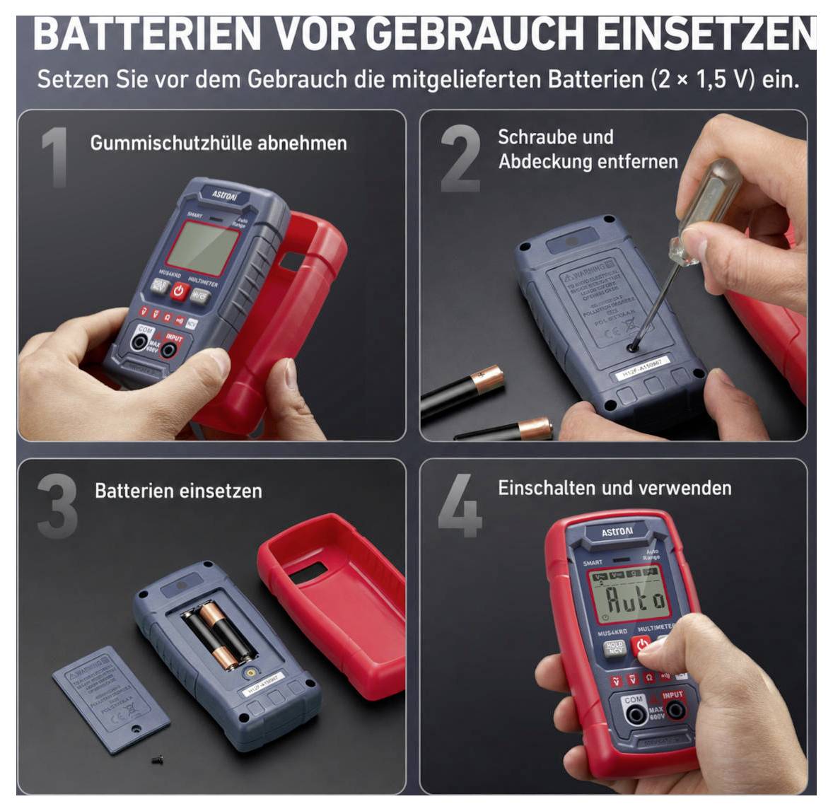 Anleitung zum Gebrauch von Batterien vor der ersten Verwendung: Gummimanschette entfernen, Schraube und Abdeckung entfernen, zwei 1,5-V-Batterien einlegen, dann das Gerät einschalten und verwenden.