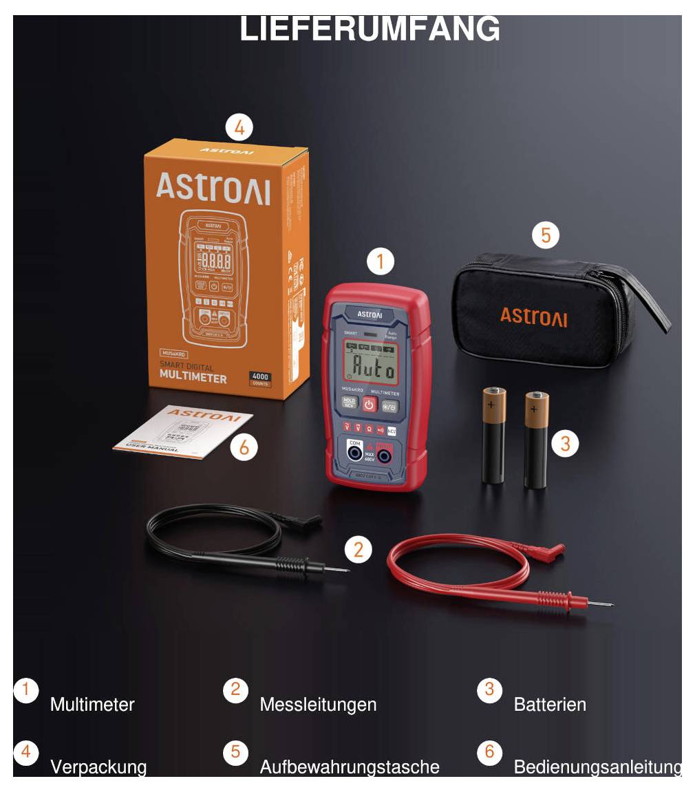 AstroAI Digitalmultimeter-Set Inhalt: rotes Digitalmultimeter, Messleitungen, Batterien, Verpackung, Transporttasche und Bedienungsanleitung mit deutscher Beschriftung.