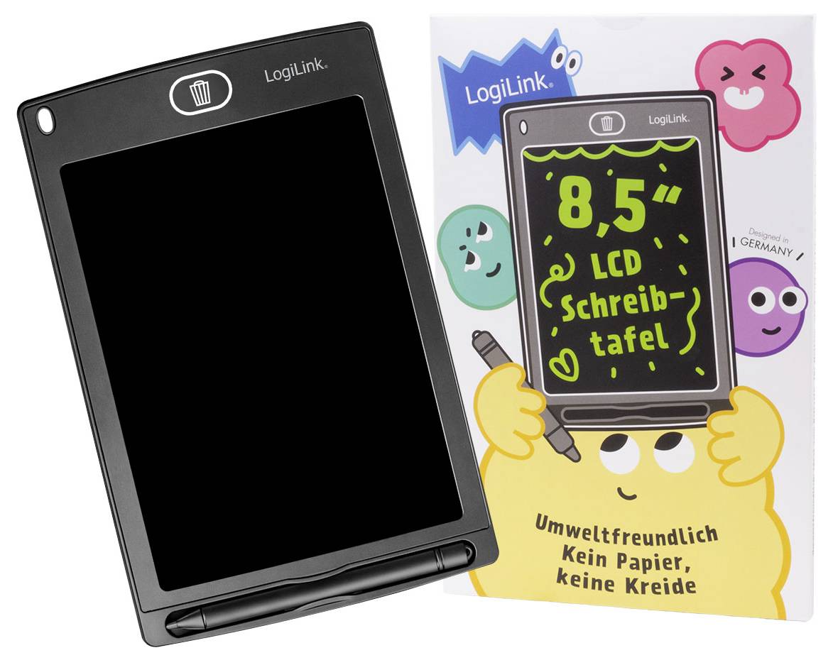 LogiLink 8,5-Zoll-LCD-Schreibtablett in Schwarz, dargestellt mit Verpackung, die Karikaturen zeigt und den deutschen Text "Umweltfreundlich Kein Papier, keine Kreide" enthält.